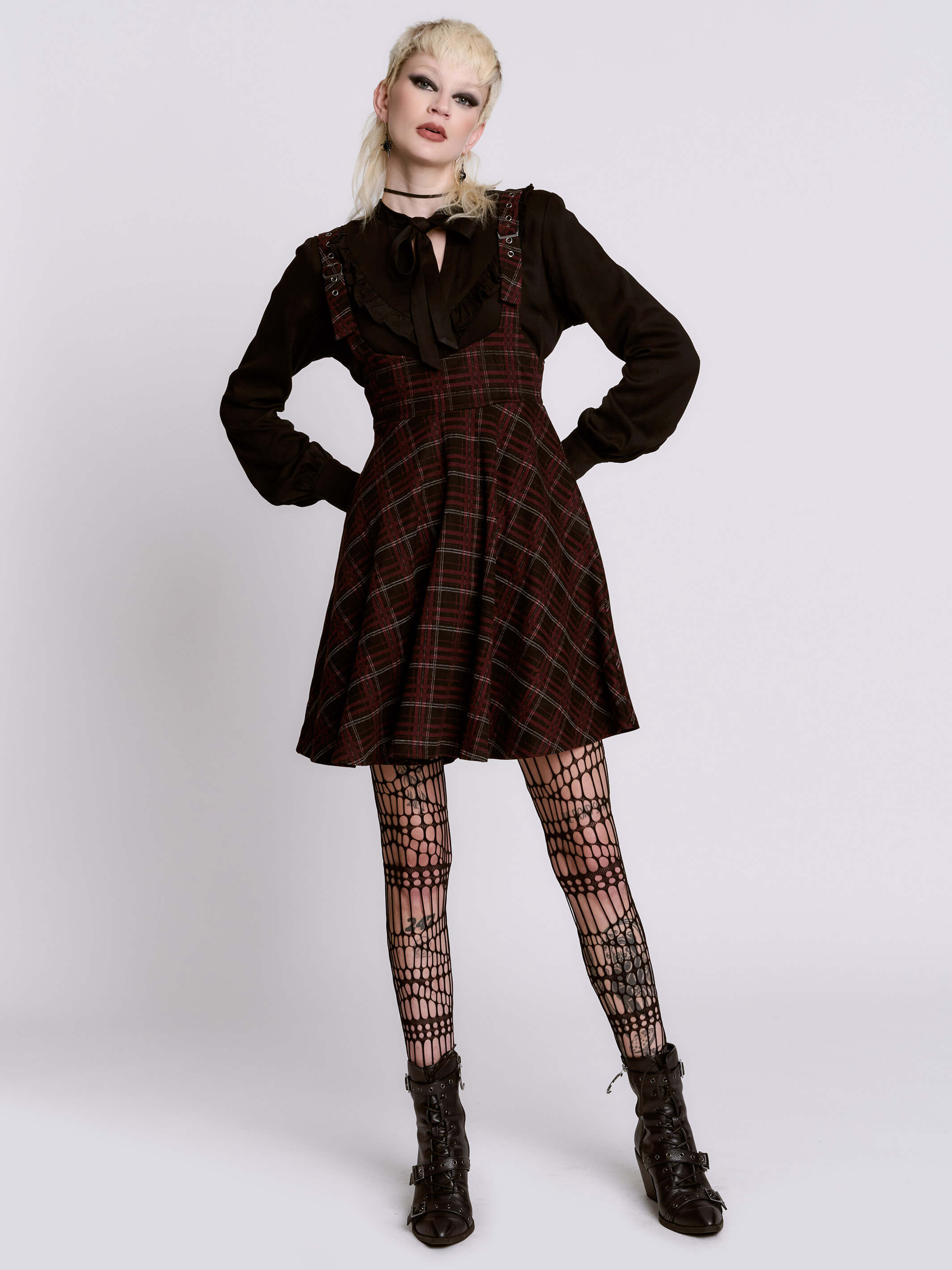美品♡ classic plaid jumper dress Oxblood Plaid Jumper Dress – Gothic Prep Pinafore w/ Pockets by