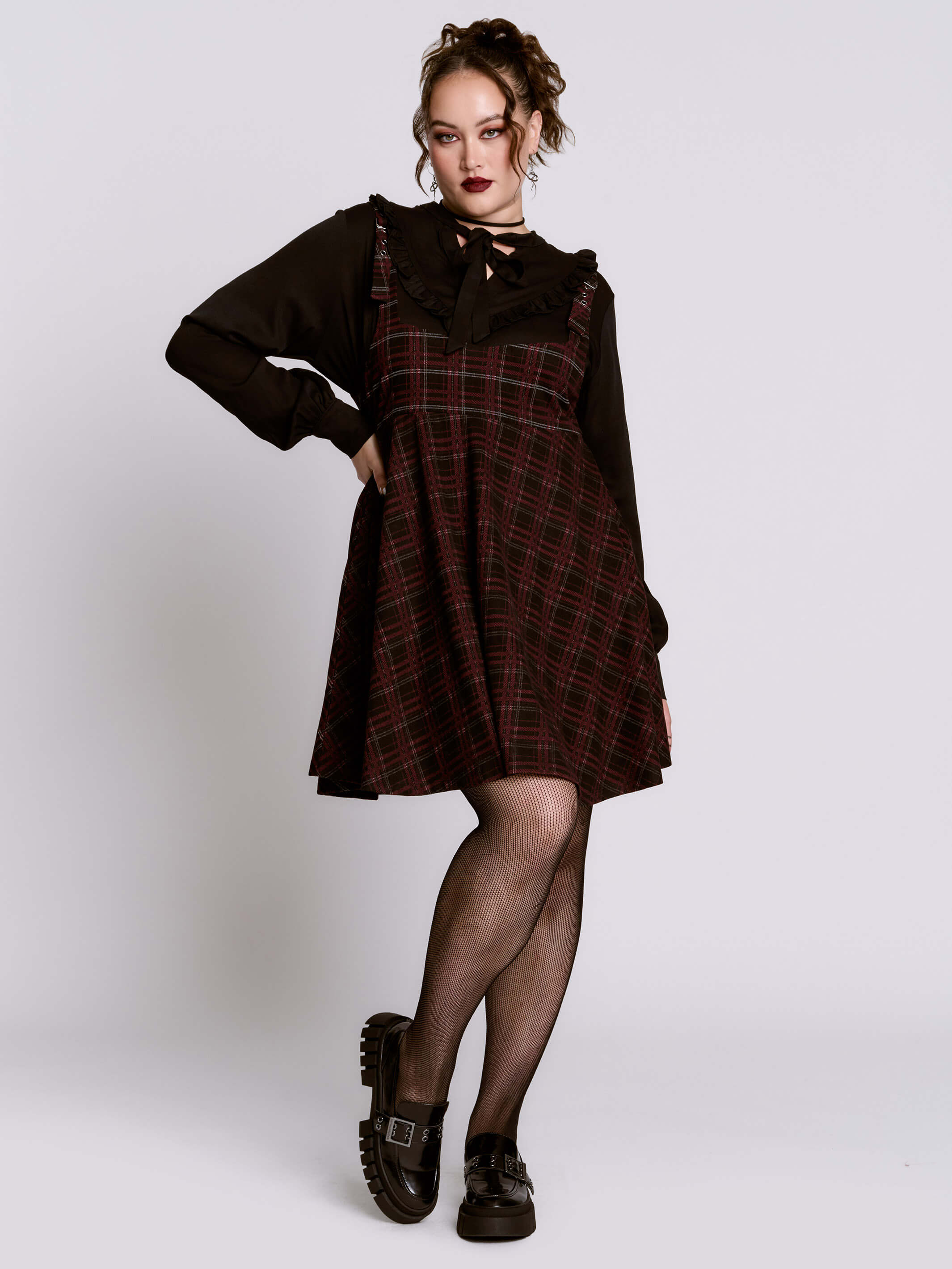 Oxblood Plaid Jumper Dress – Gothic Prep Pinafore w/ Pockets by