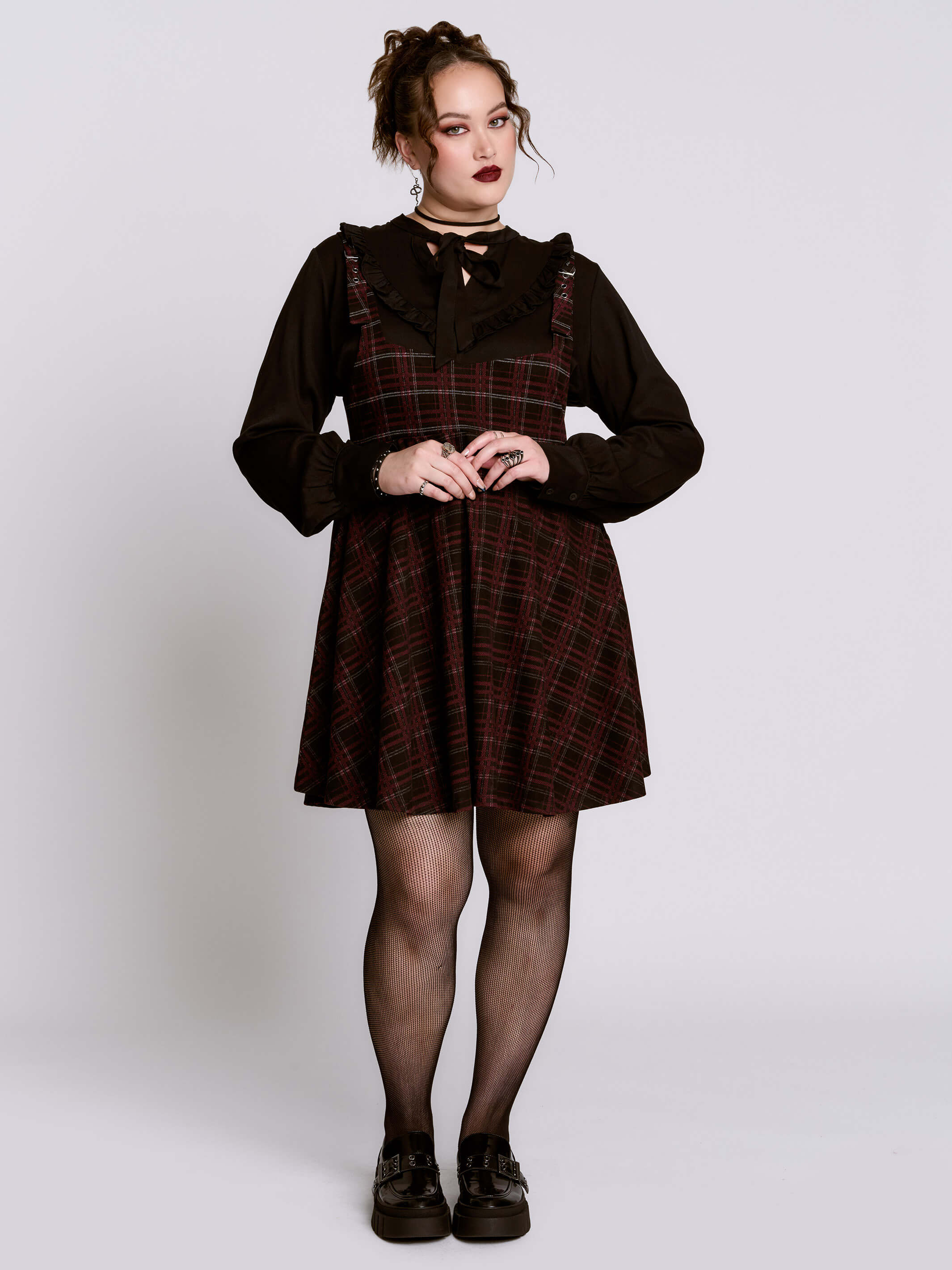 Oxblood Plaid Jumper Dress Gothic Pinafore with Pockets by Midnight Hour Midnight Hour Oxblood Plaid Jumper Dress Gothic Pinafore with Pockets by Midnight Hour Midnight Hour