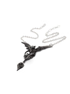 A gothic-style bat pendant necklace with a matching chain, featuring a bat motif with wings spread and a dangling heart-shaped charm, shown on a plain white background.