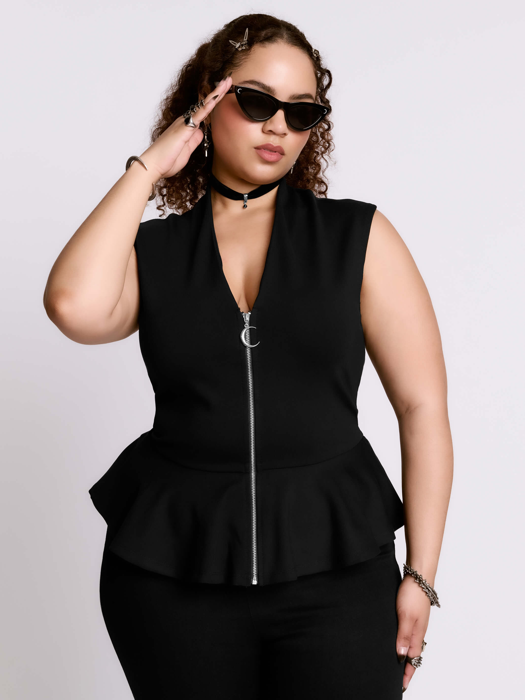 Black Zip Front Peplum Top in Ponte Knit By Midnight Hour