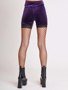 purple velvet bike shorts with black lace trim