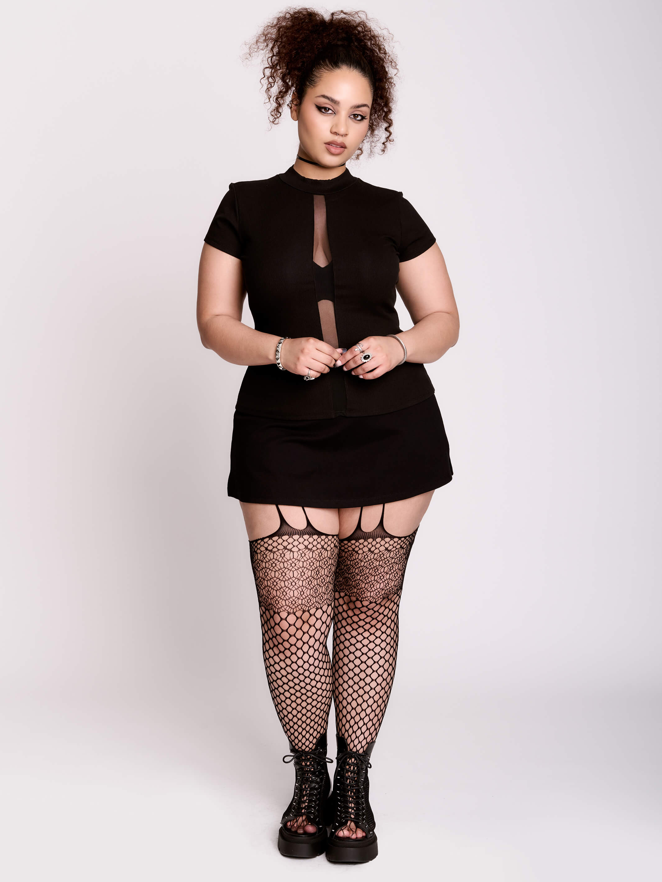 Peekaboo Top | Mesh Inset Mock Neck Rib Top by Midnight Hour