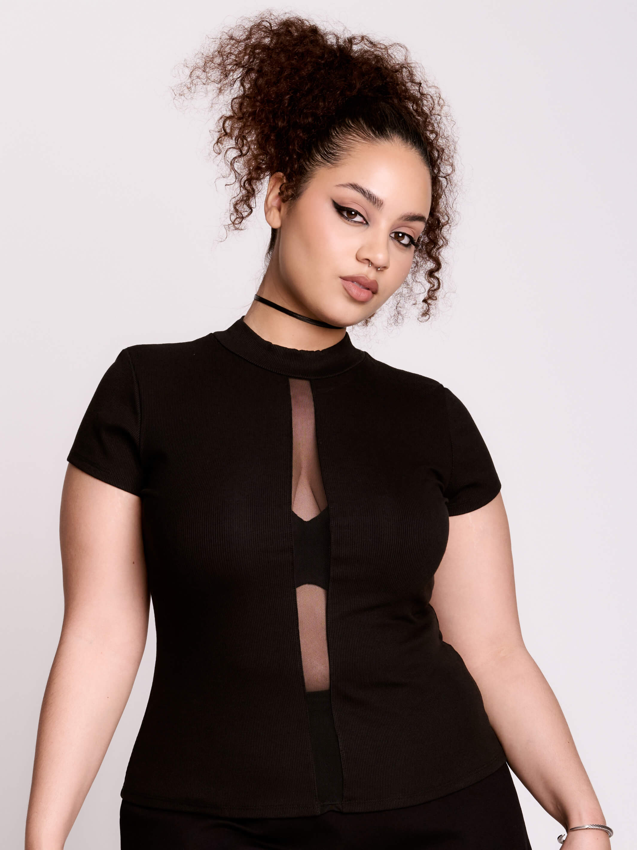 Peekaboo Top – Black Rib & Sheer Mesh Mock Neck by Midnight Hour