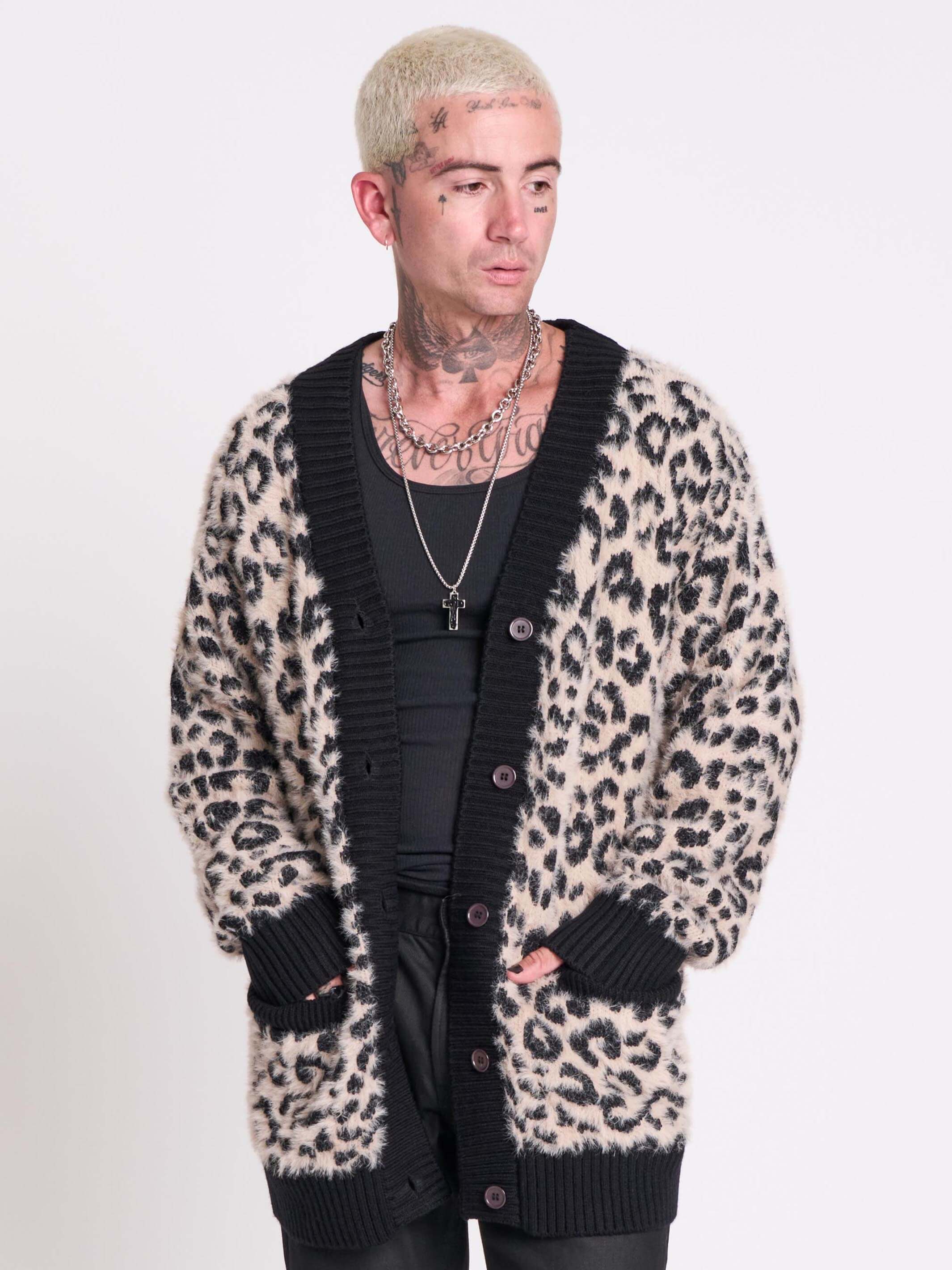 トップス 00s Fake Cardigan Leopard L/S Cut-sew Punk's Not Dead Cardigan | Oversized Fuzzy Leopard Knit – Midnight