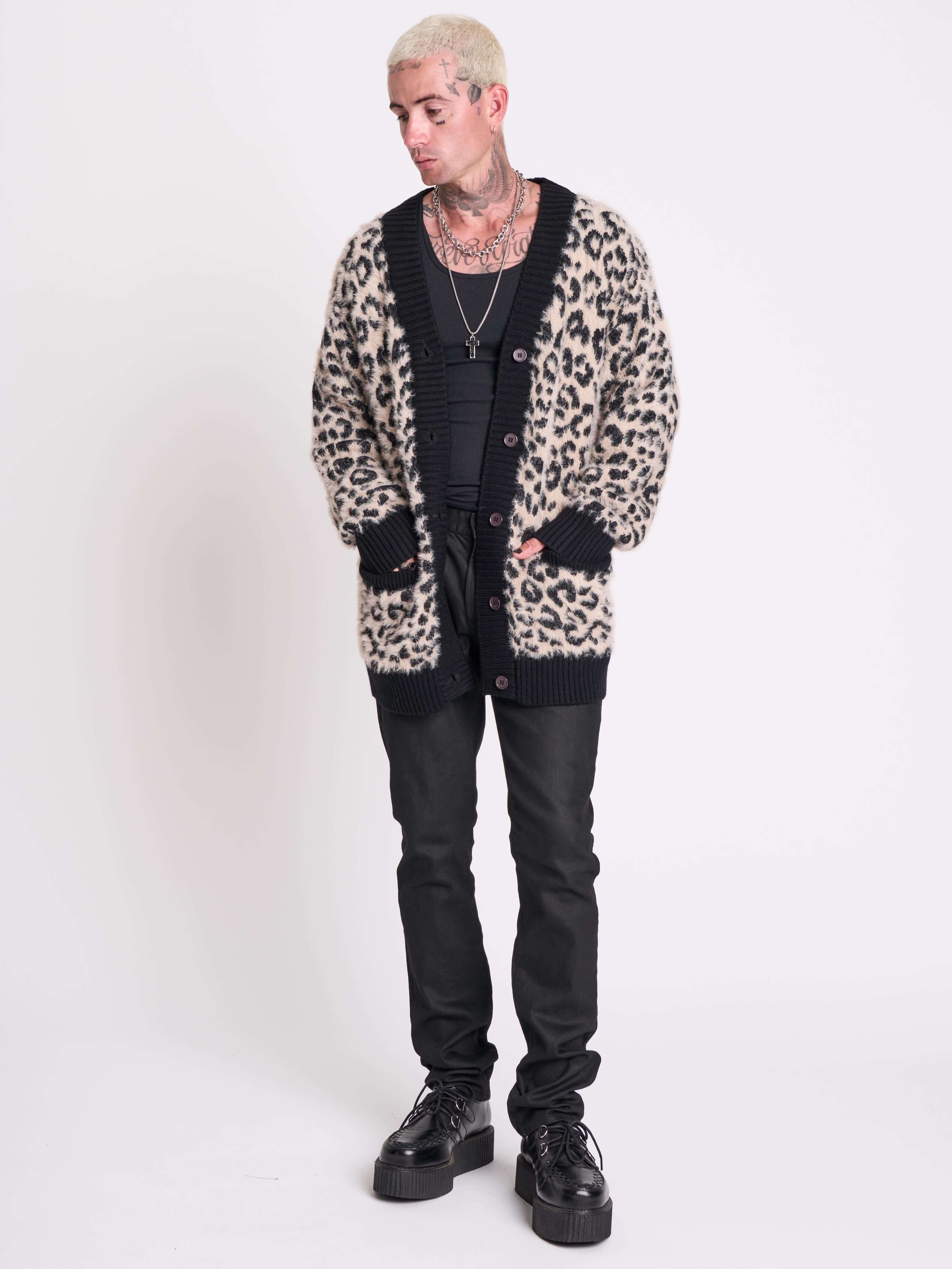 Punk's Not Dead Cardigan | Oversized Fuzzy Leopard Knit – Midnight