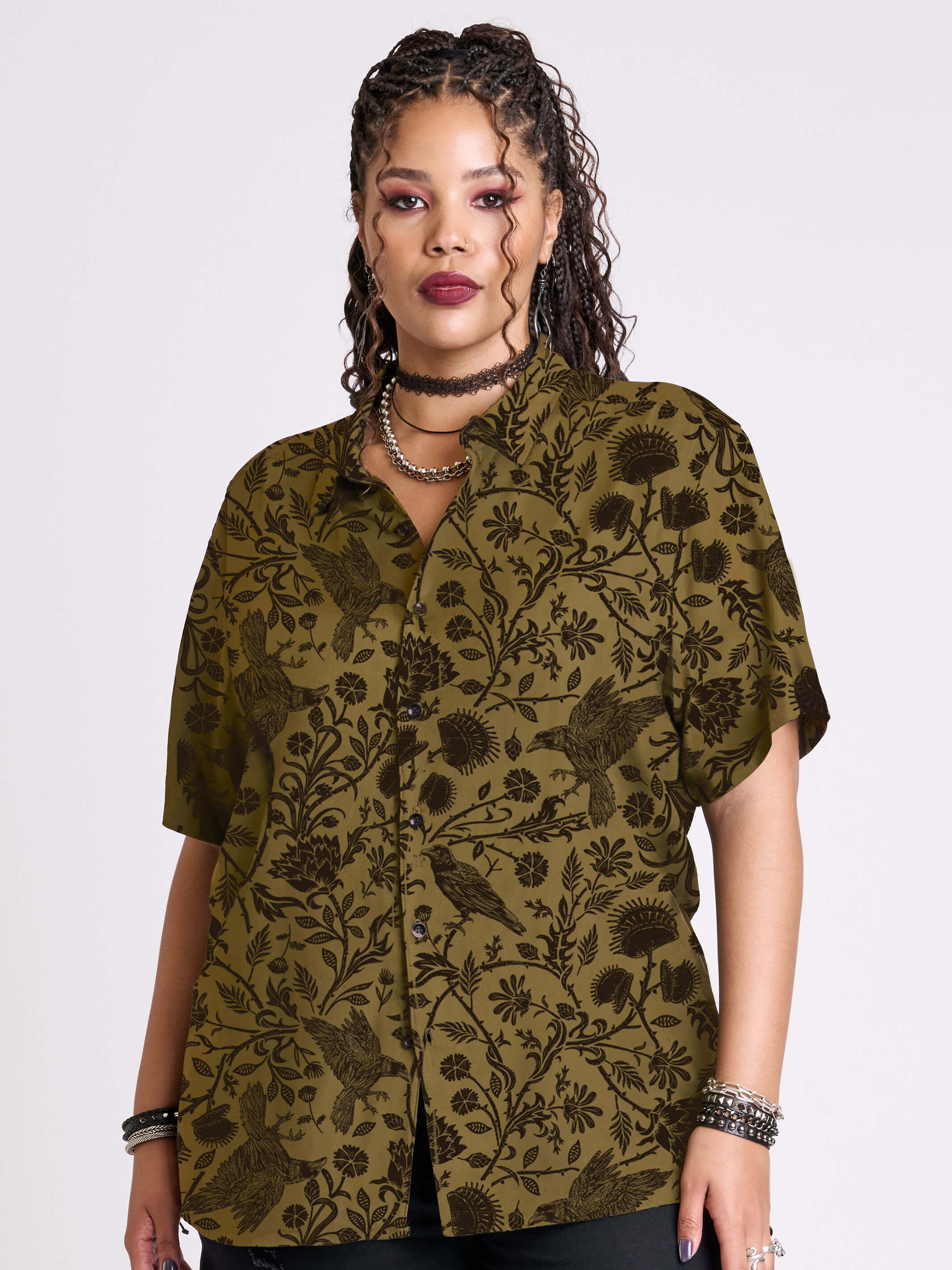 Raven Brocade Shirt by Midnight Hour – Gothic Raven Print Camp