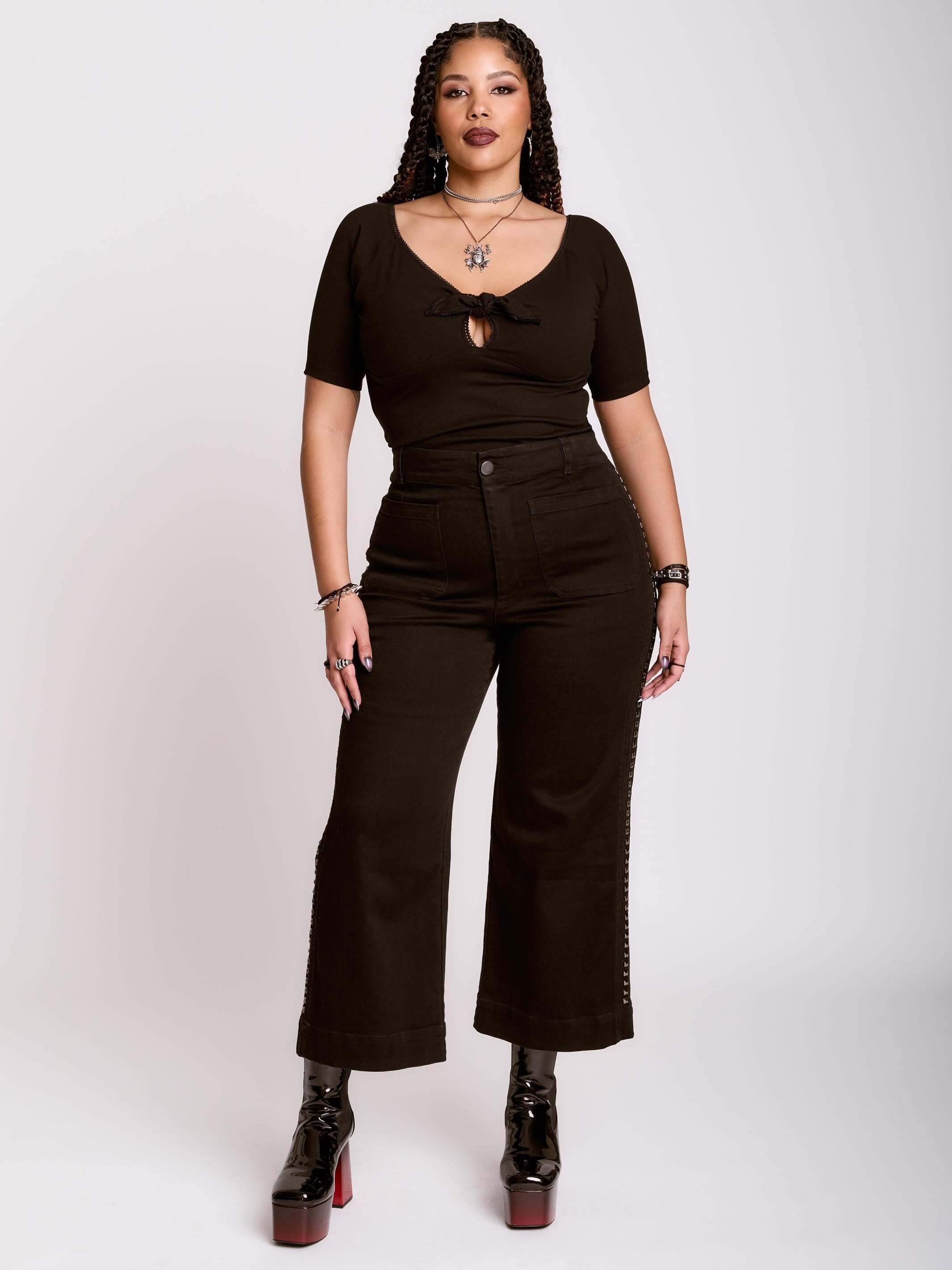Pin Up Top – Black Tie-Front V-Neck Rib Knit by Midnight Hour