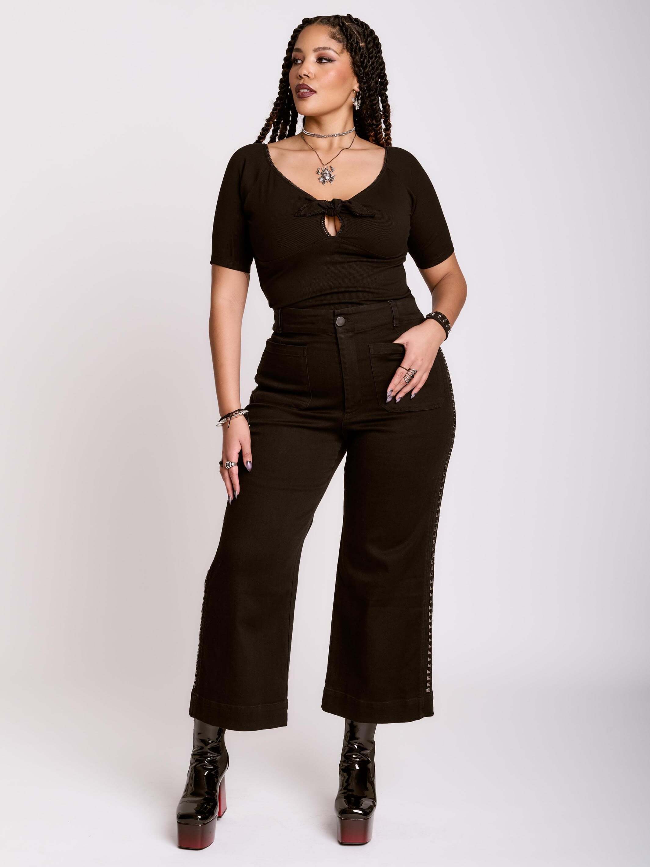 Pin Up Top – Black Tie-Front V-Neck Rib Knit by Midnight Hour