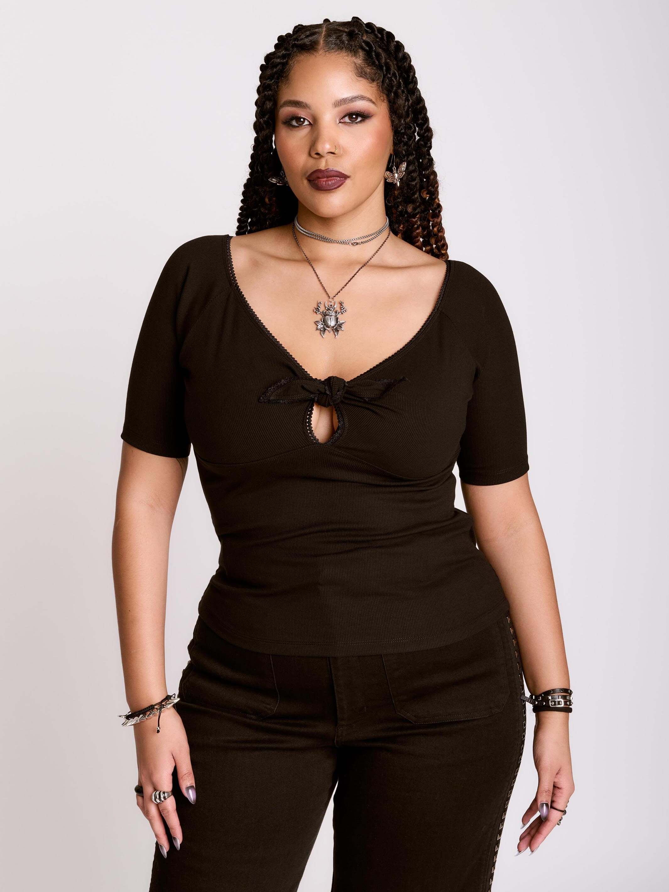 Pin Up Top – Black Rockabilly Tie-Front Keyhole Top by Midnight