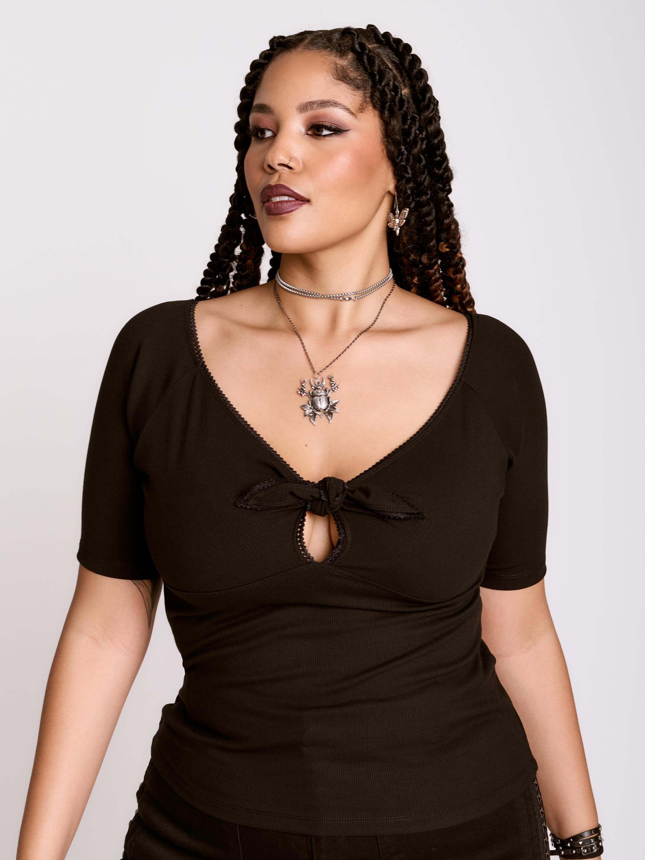 Pin Up Top – Black Tie-Front V-Neck Rib Knit by Midnight Hour