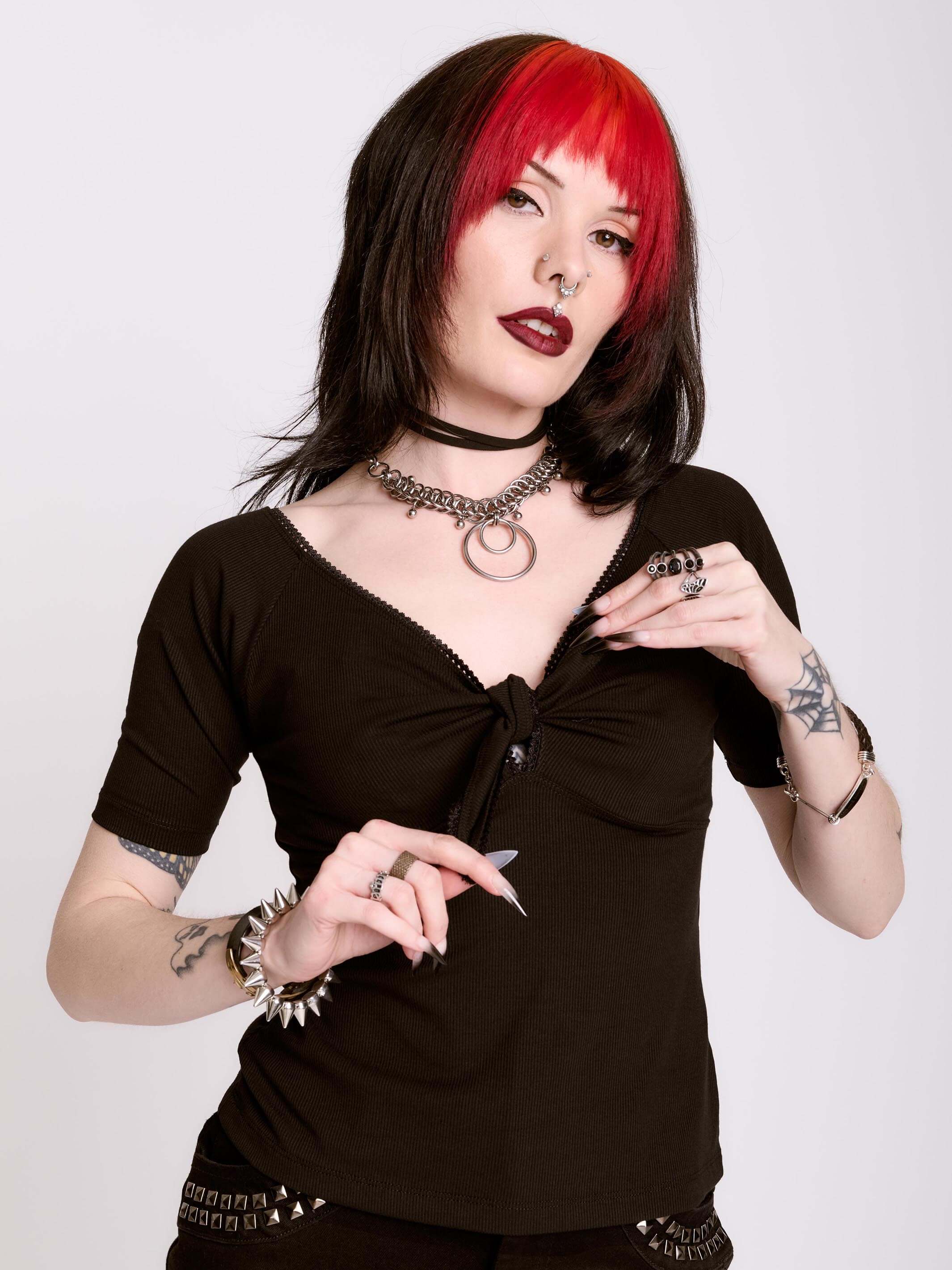 Pin Up Top – Black Tie-Front V-Neck Rib Knit by Midnight Hour