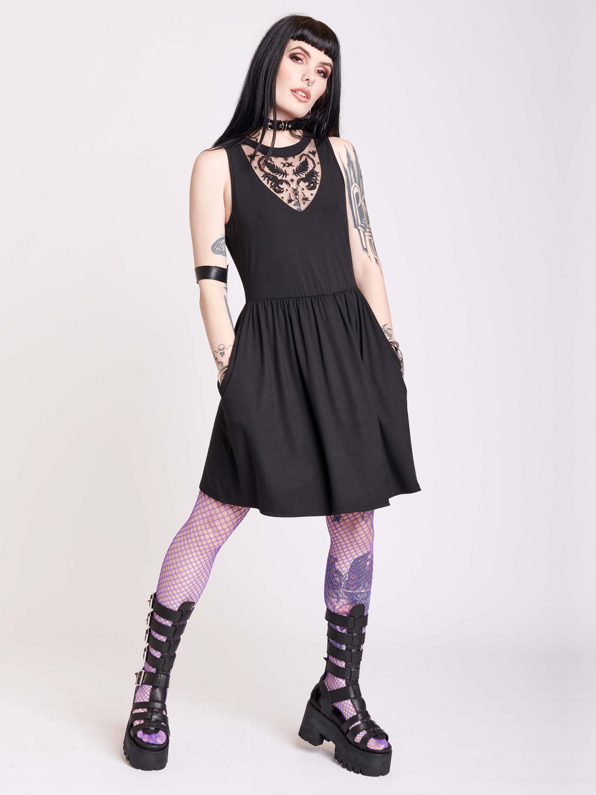 Scorpion embroidered dress with pockets