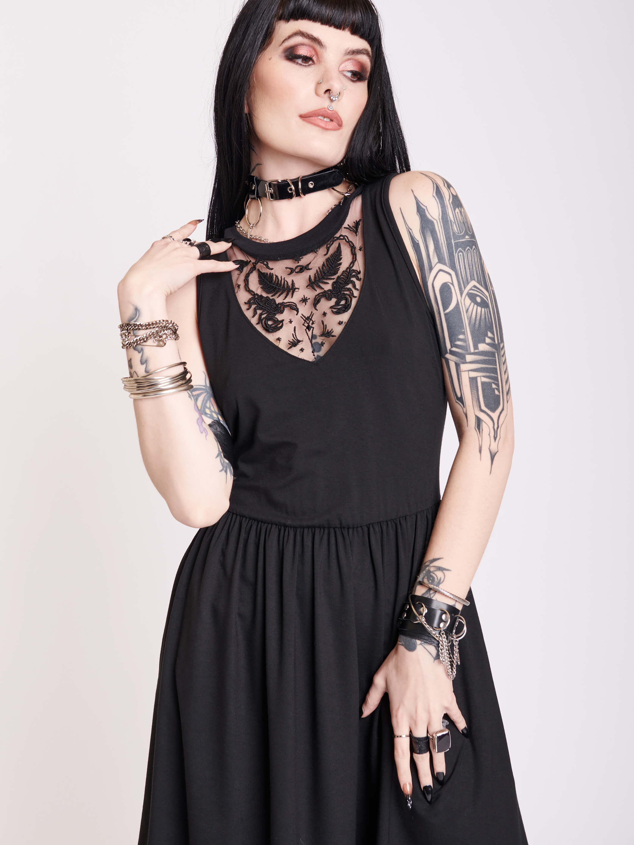 Scorpion embroidered dress with pockets