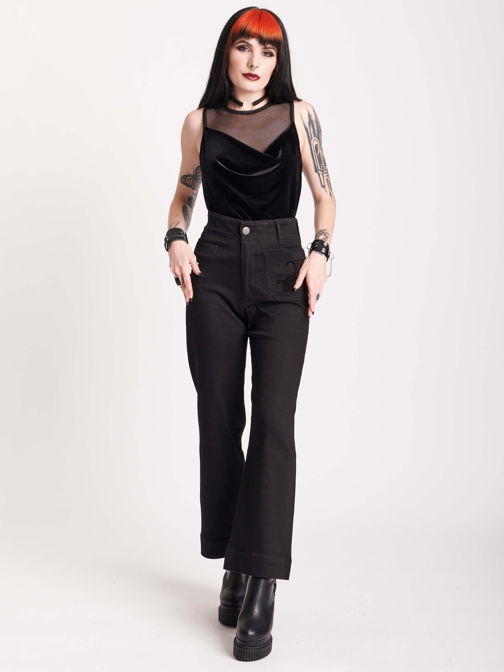 Black Cropped Wide Leg Jeans w/ Scorpion Embroidery by Midnight