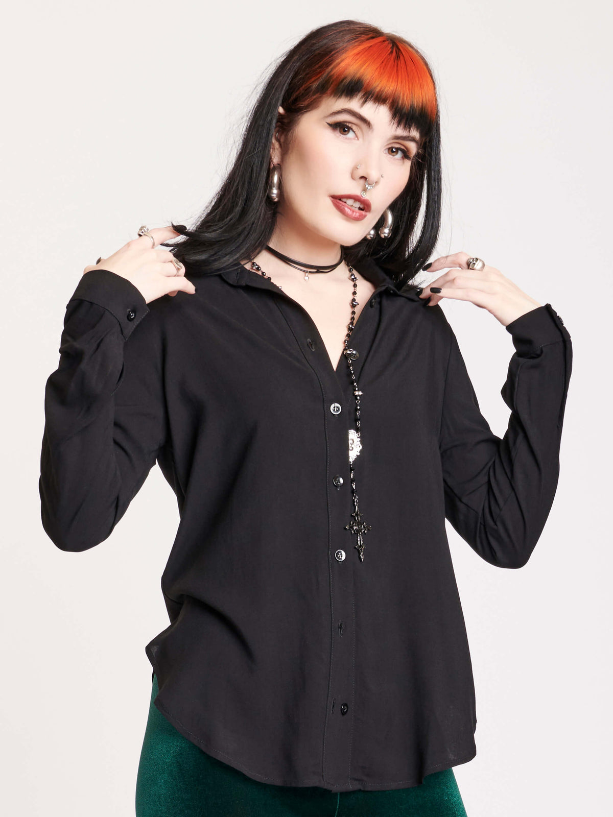 spine embroidered long sleeve button up shirt