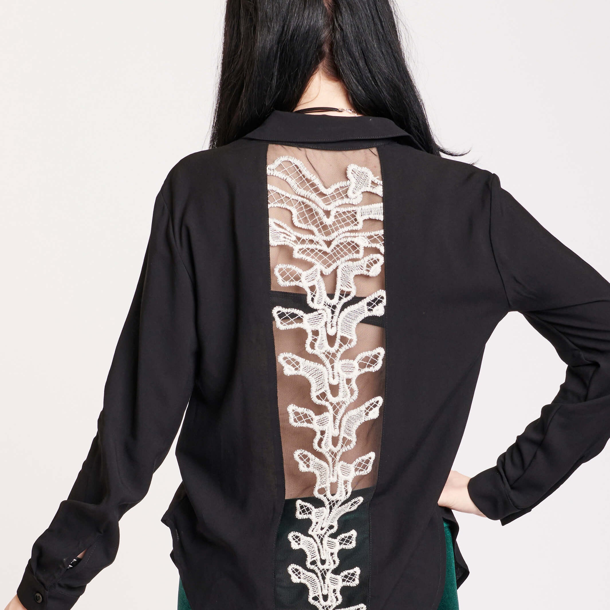 spine embroidered long sleeve button up shirt