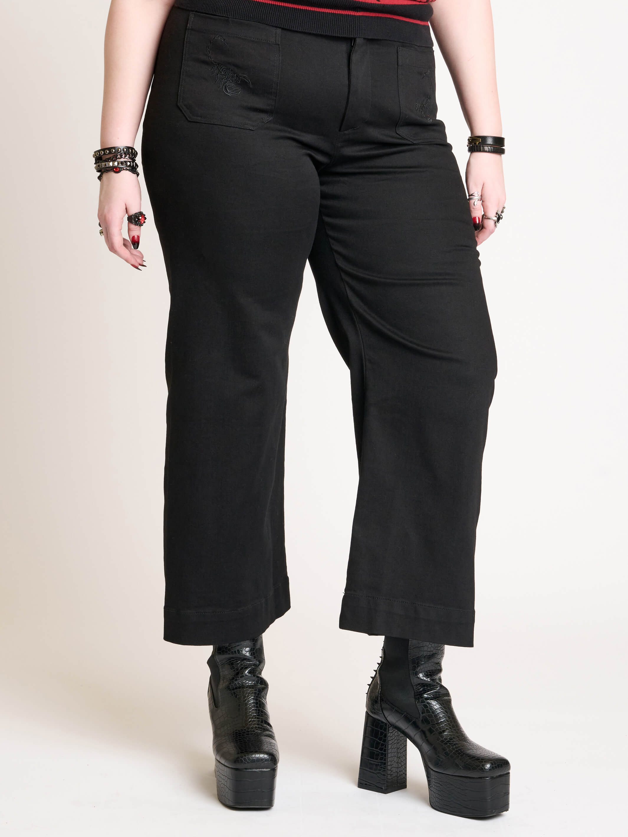 Black Cropped Wide Leg Jeans w/ Scorpion Embroidery by Midnight