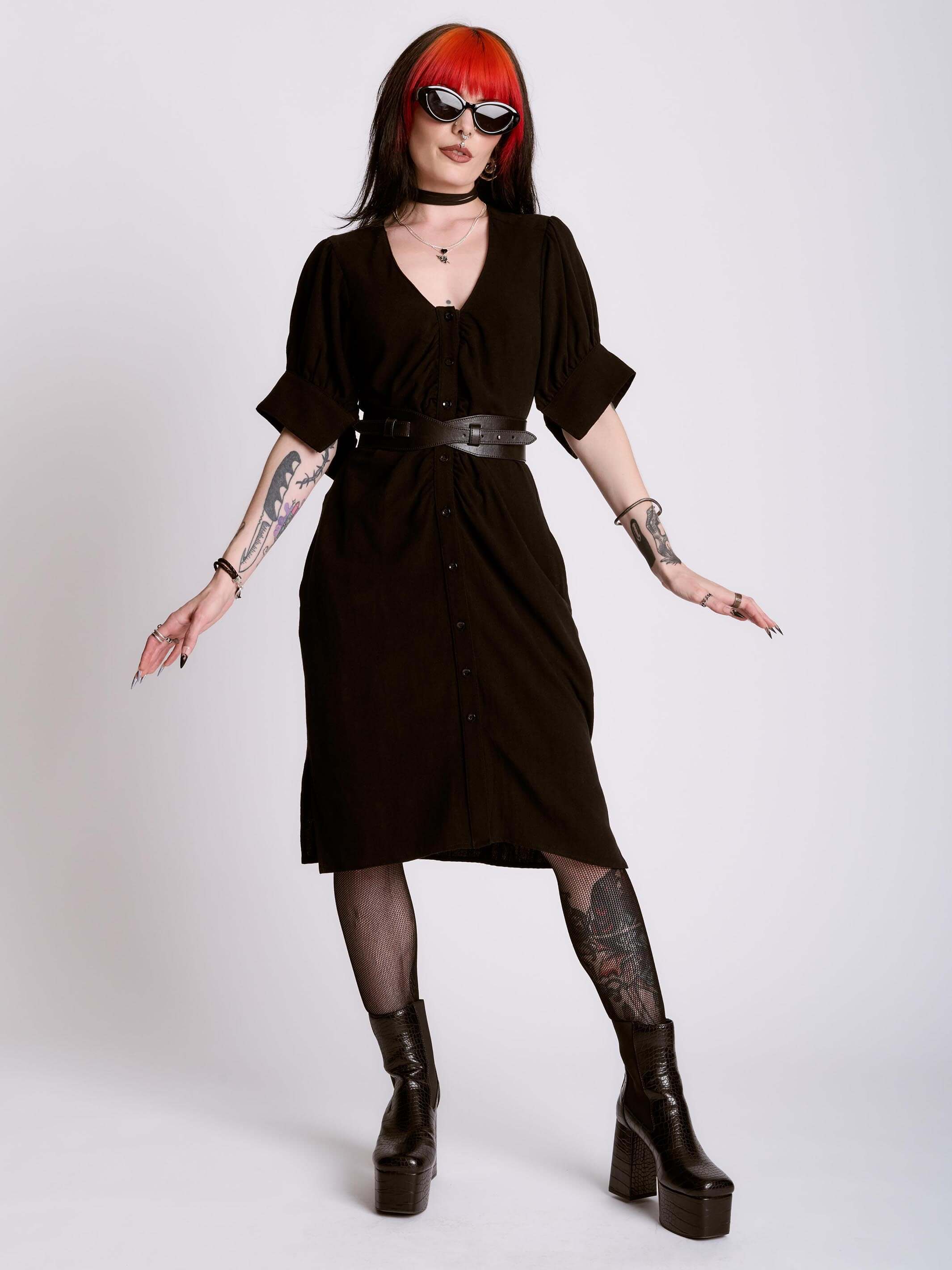 【HYKE（ハイク）】SHIRT DRESS C067 Shirred Linen Shirt Dress – Midnight Hour
