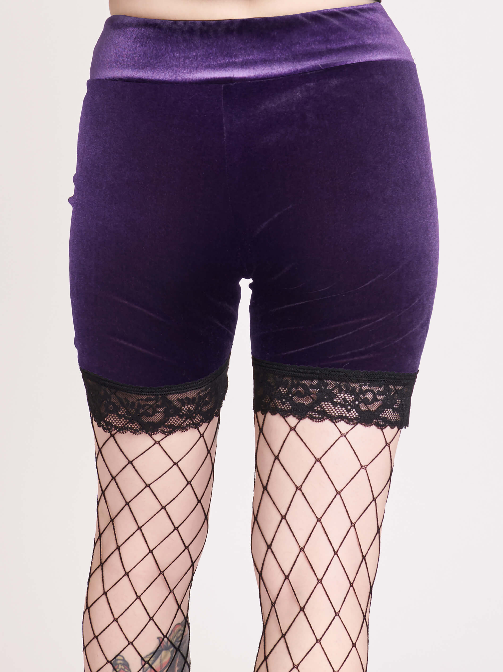 purple velvet bike shorts with black lace trim