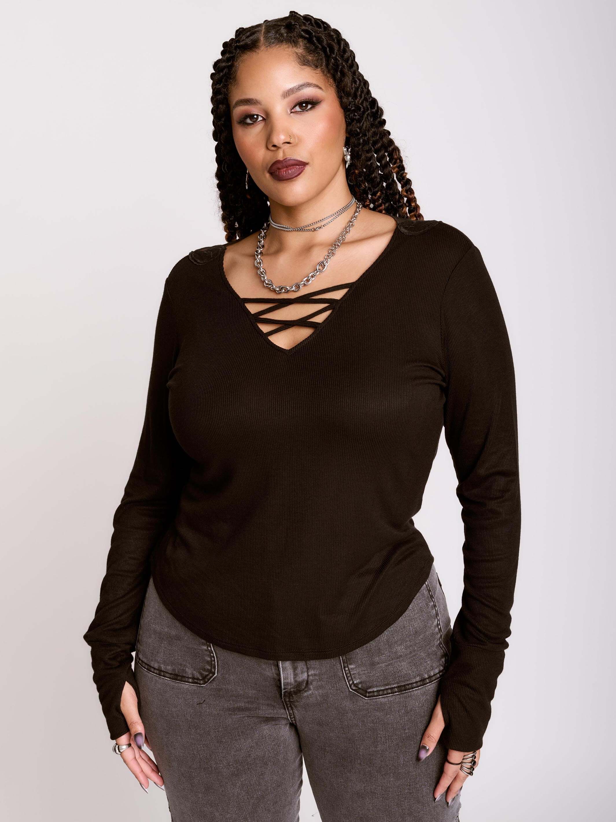 Full Size Half Button Long Sleeve Knit Top Plus Size main image 0