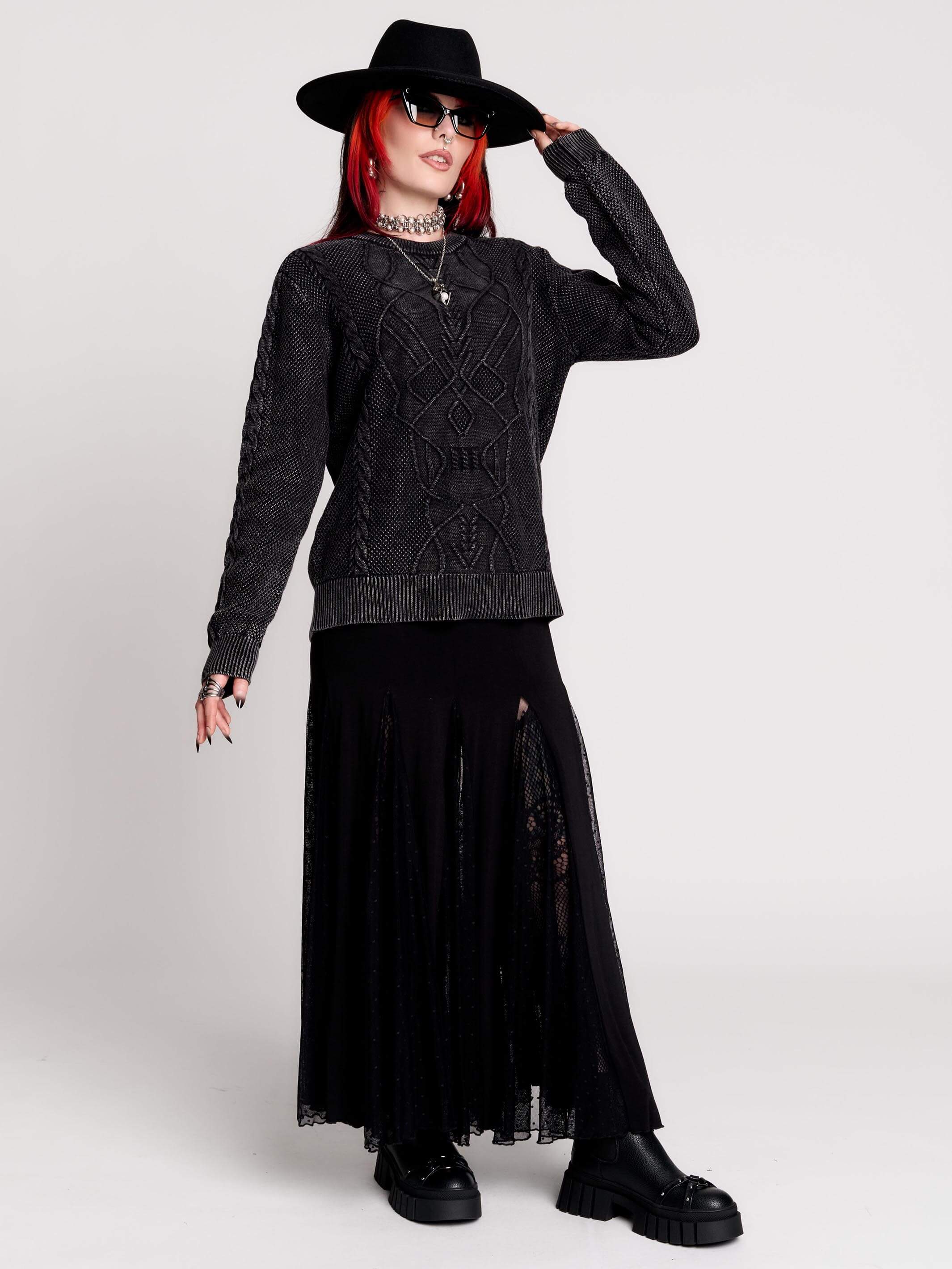 Skull Sweater by Midnight Hour – Black Gothic Cotton Cable Knit