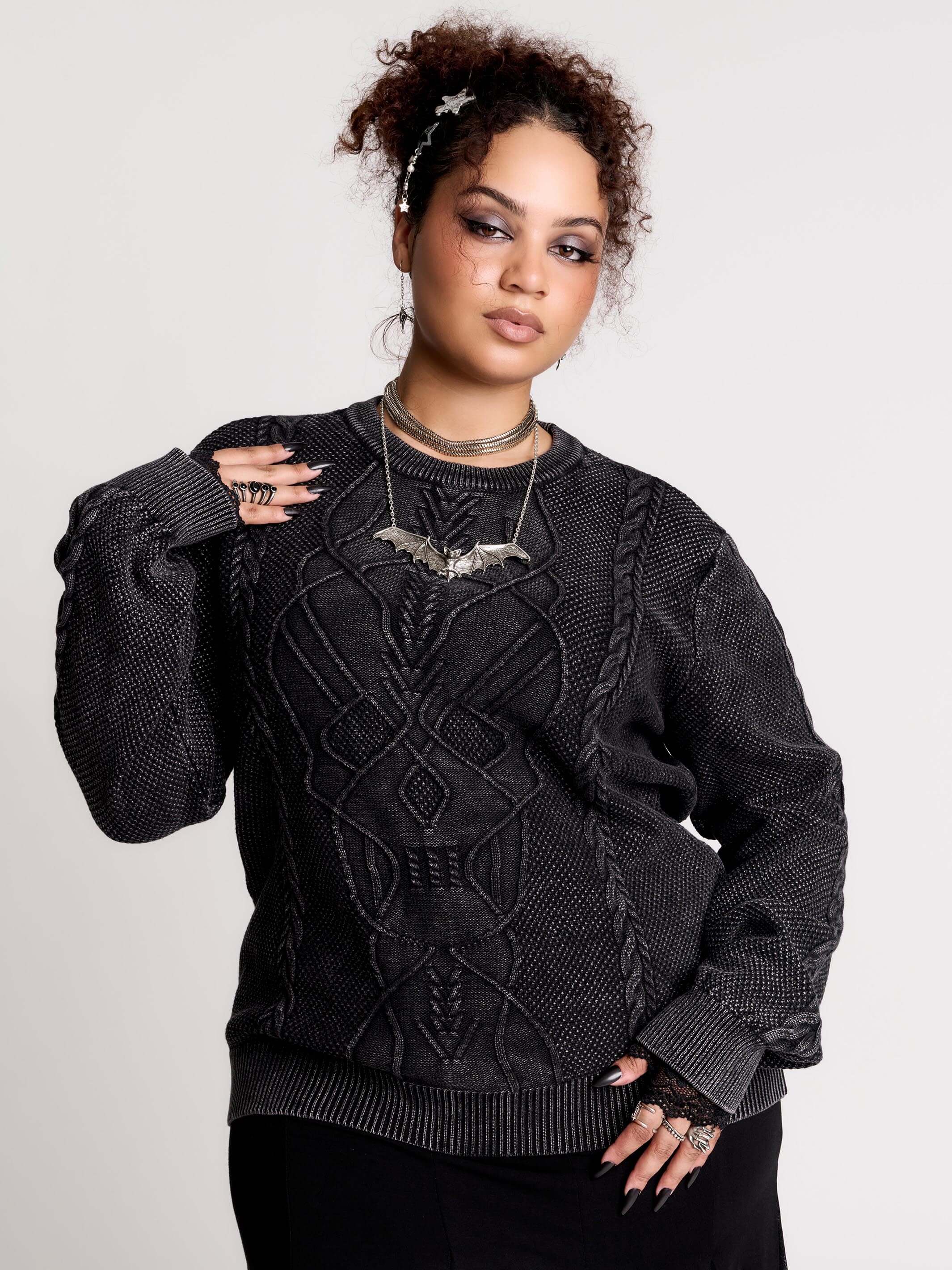 Skull Sweater by Midnight Hour – Black Gothic Cotton Cable Knit