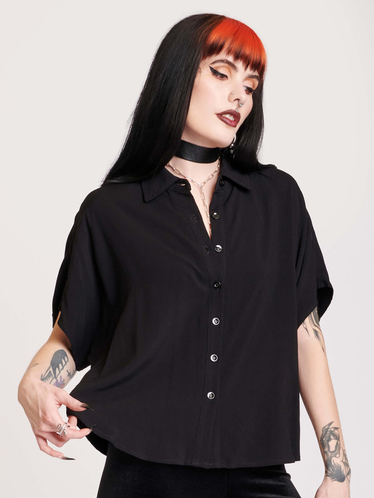black button up shirt with embroidered back mesh panel,