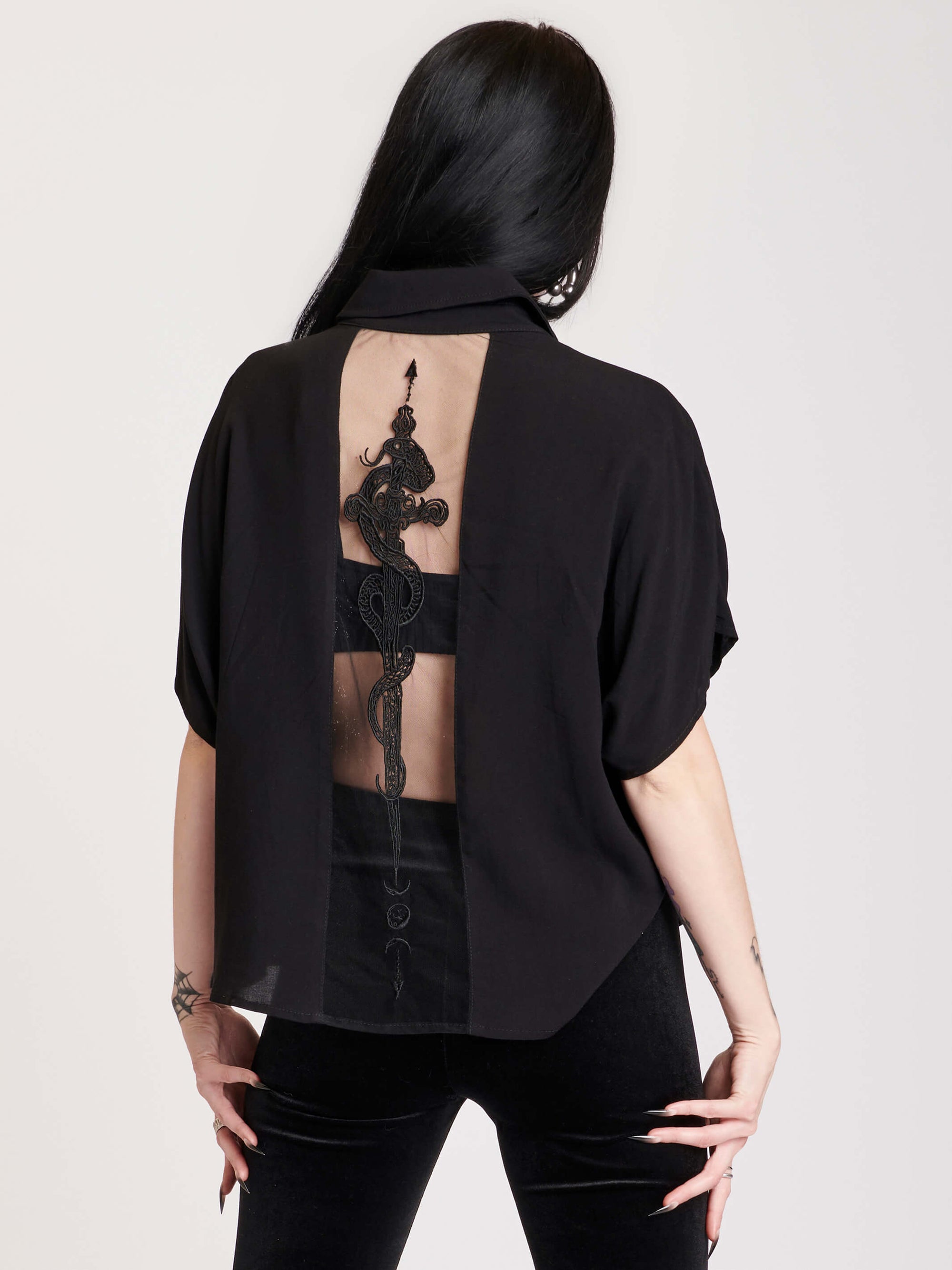 black button up shirt with embroidered back mesh panel,