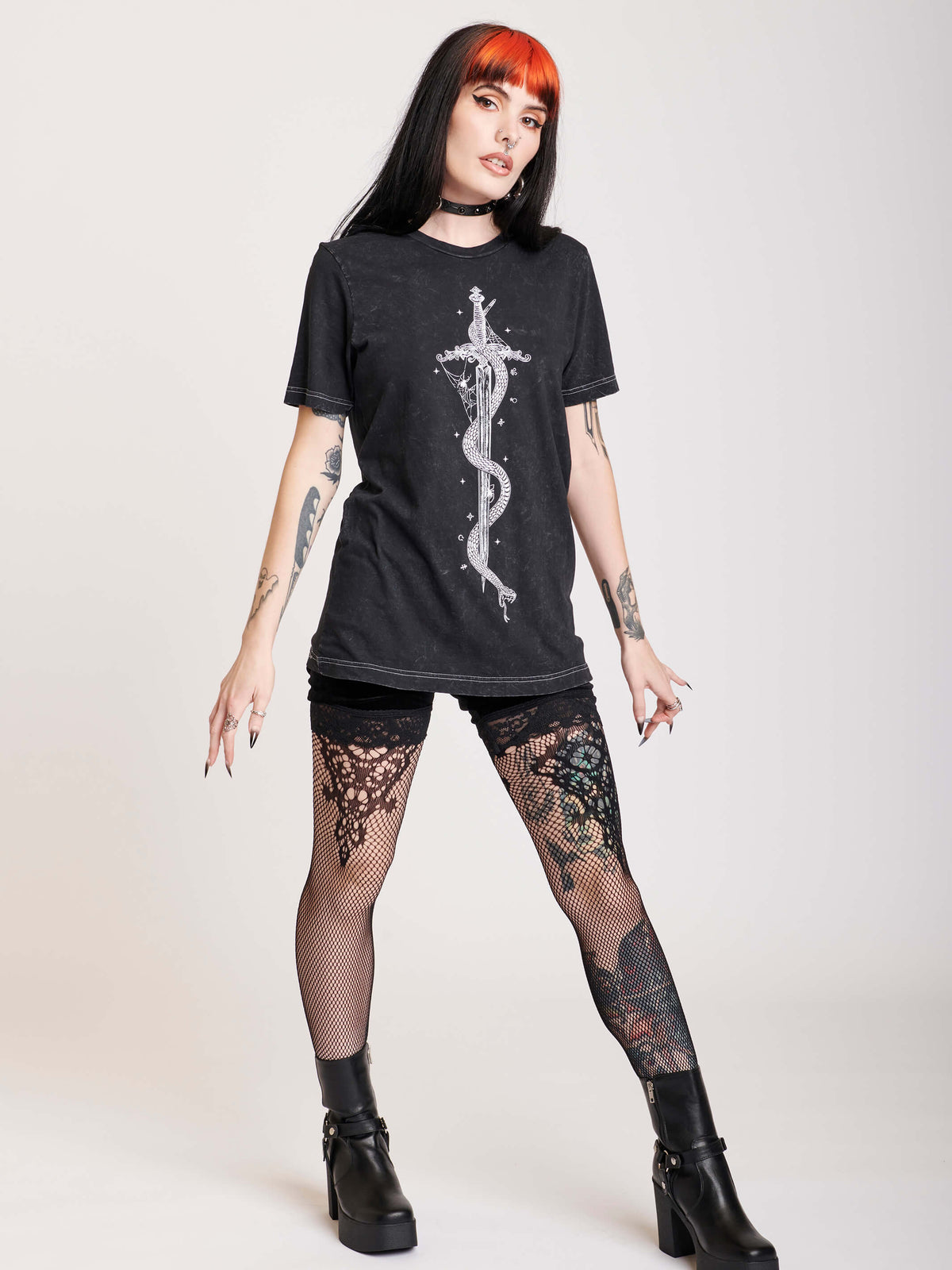 mineral wash t-shirt with snake and dagger celestial print