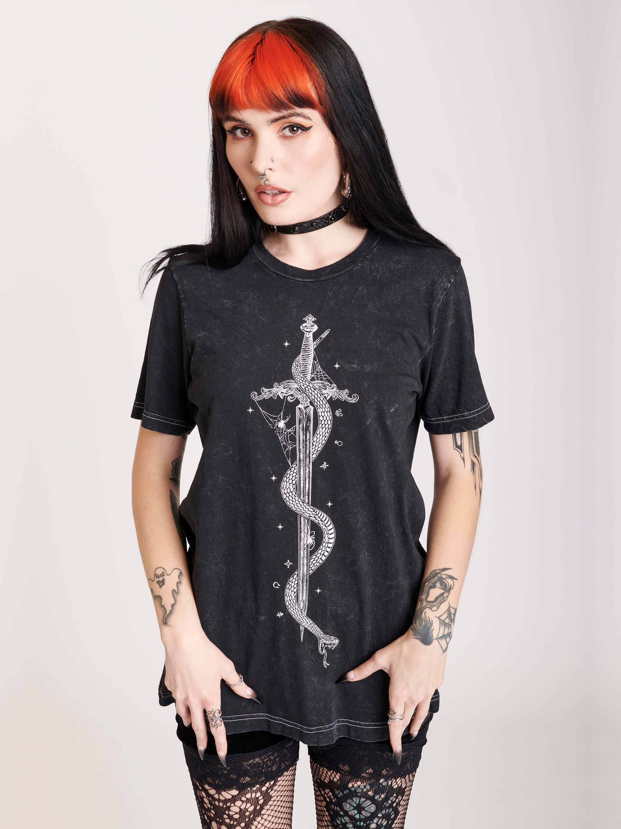 mineral wash t-shirt with snake and dagger celestial print