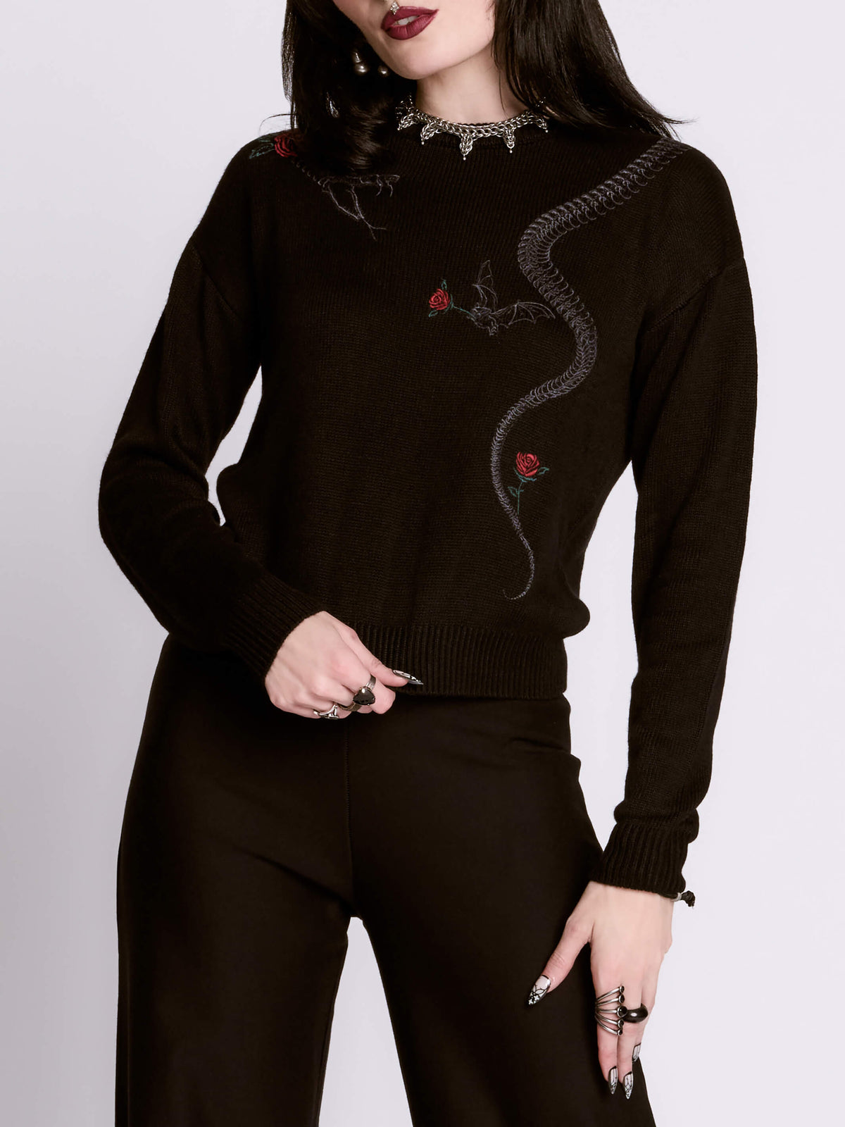 Embroidered Snake Rose Sweater – Midnight Hour