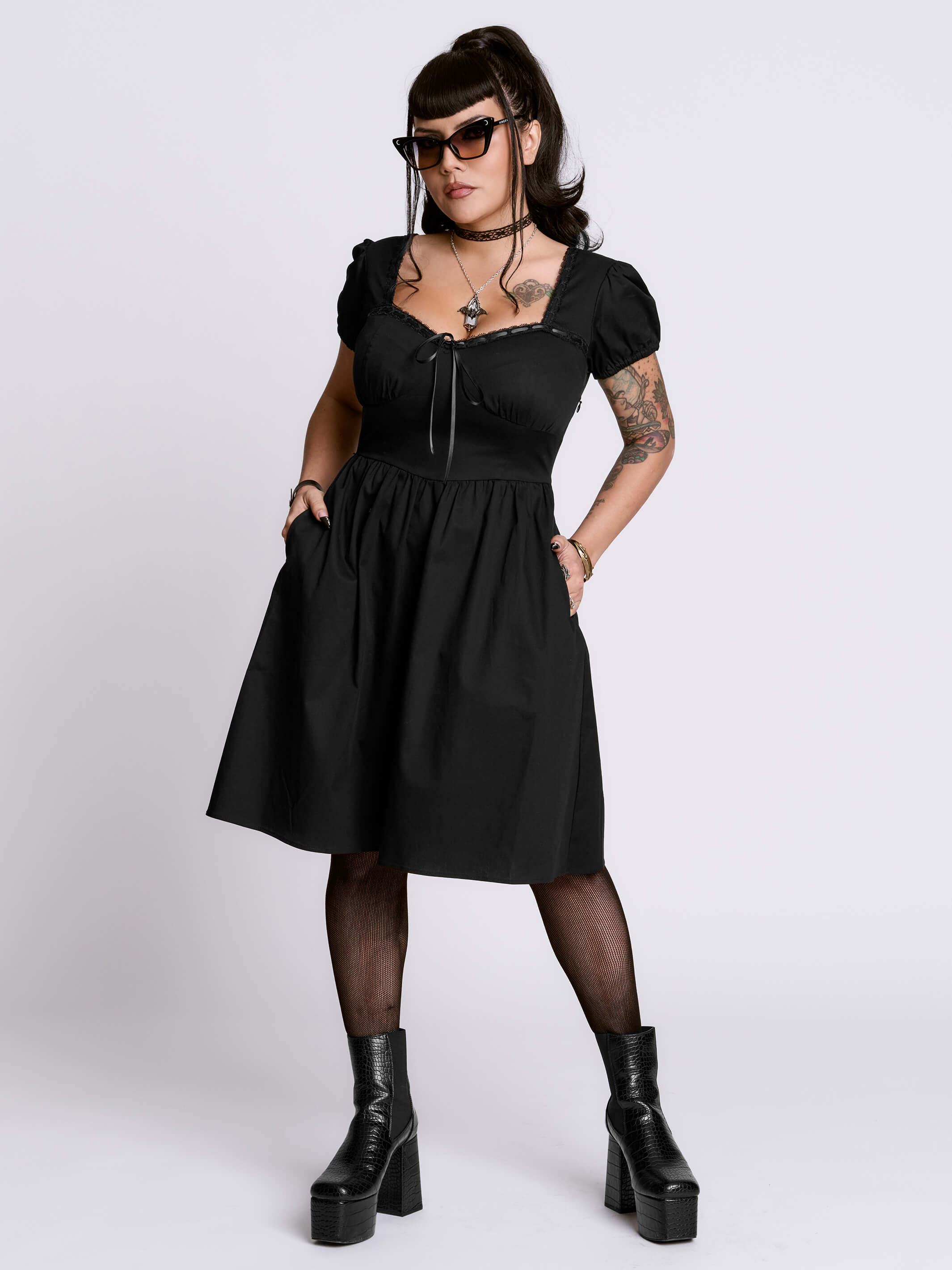Maiden Dress Black Goth Fit & Flare w/ Pockets & Tie Waist by Midnight Hour 4XL / Black Maiden Dress Black Goth Fit & Flare w/ Pockets & Tie Waist by Midnight Hour 4XL / Black