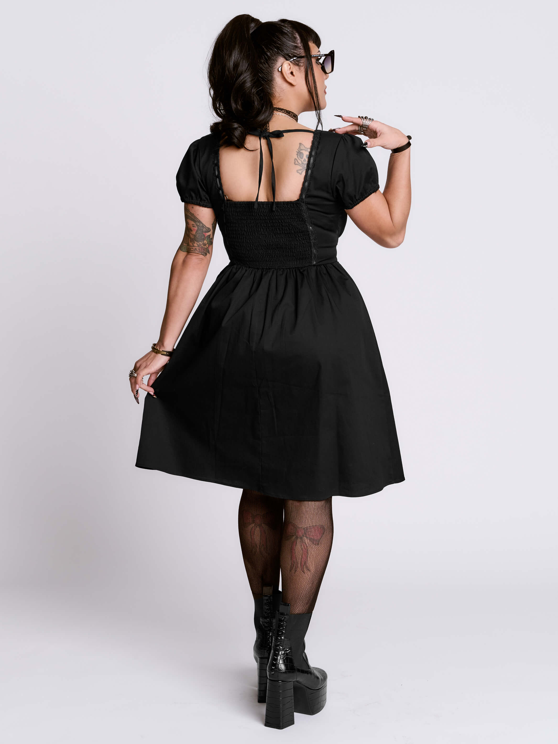 Maiden Dress Black Goth Fit & Flare w/ Pockets & Tie Waist by Midnight Hour 4XL / Black Maiden Dress Black Goth Fit & Flare w/ Pockets & Tie Waist by Midnight Hour 4XL / Black