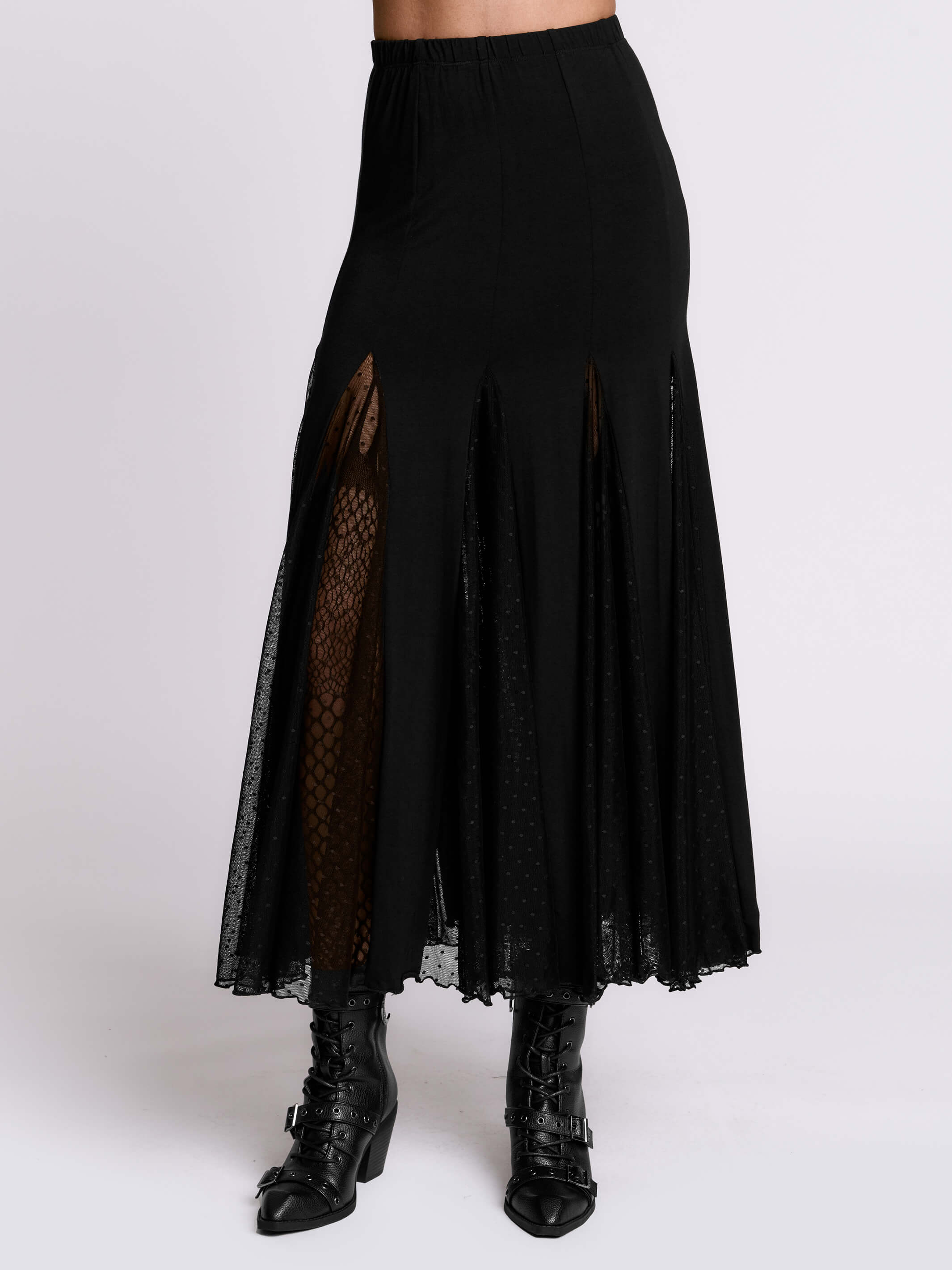 Swiss Dot Godet Skirt | High-Waisted Goth Maxi | Midnight Hour