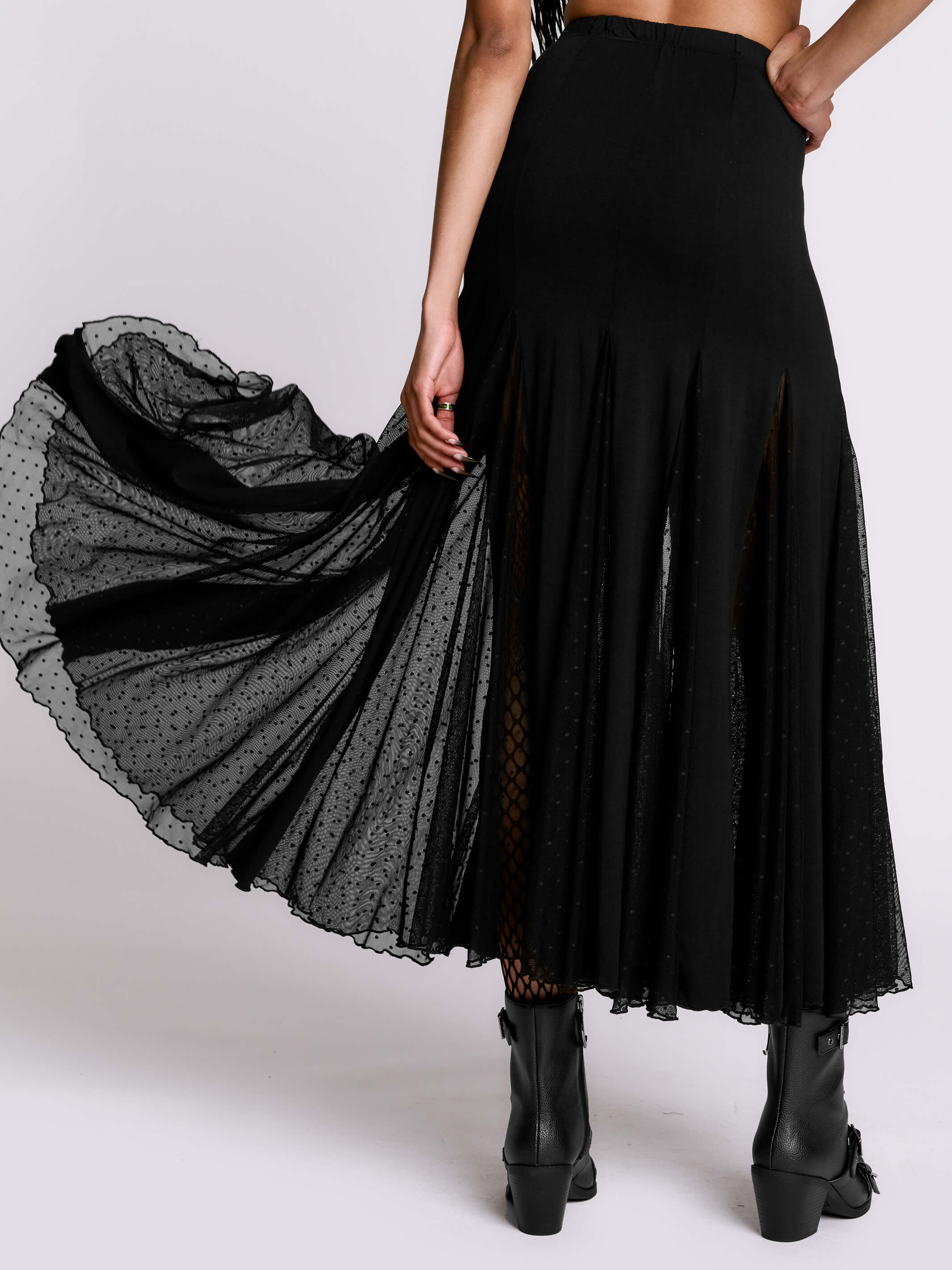 Swiss Dot Godet Skirt by Midnight Hour – Black Sheer Mesh Maxi
