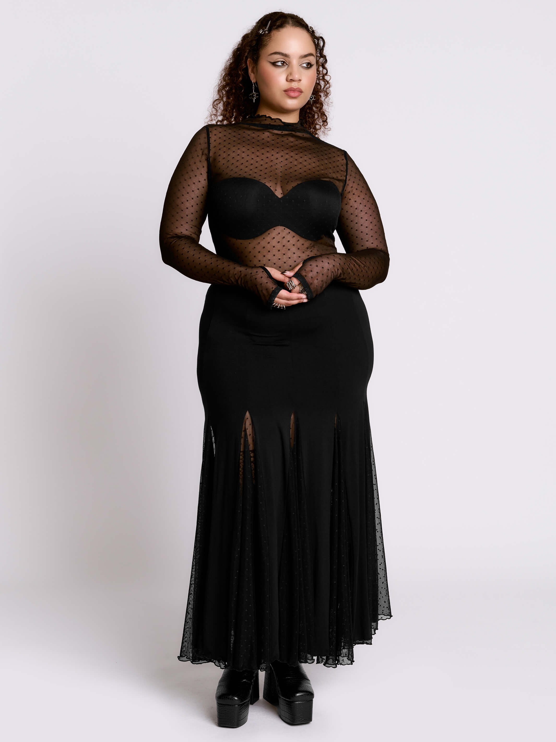 Swiss Dot Godet Skirt | High-Waisted Goth Maxi | Midnight Hour