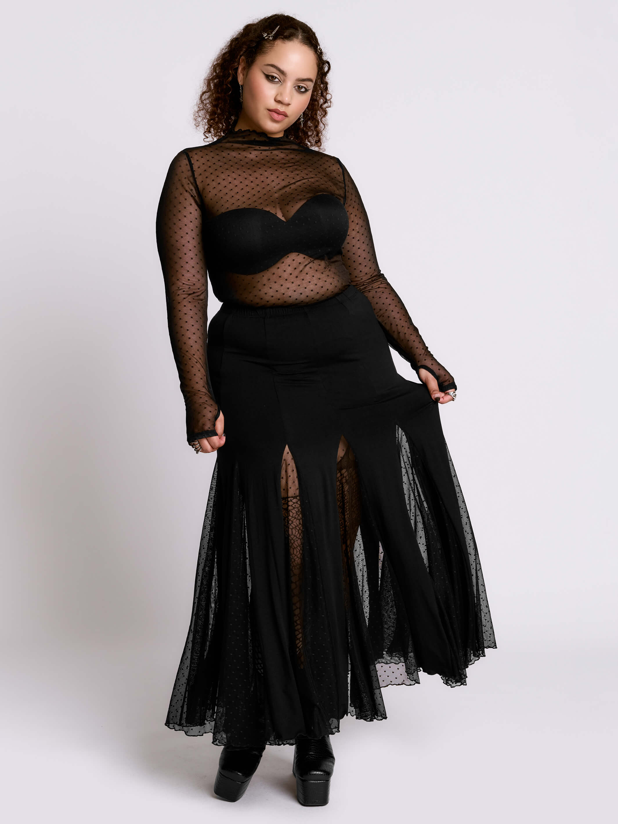 Swiss Dot Godet Skirt by Midnight Hour – High-Waisted Goth Maxi