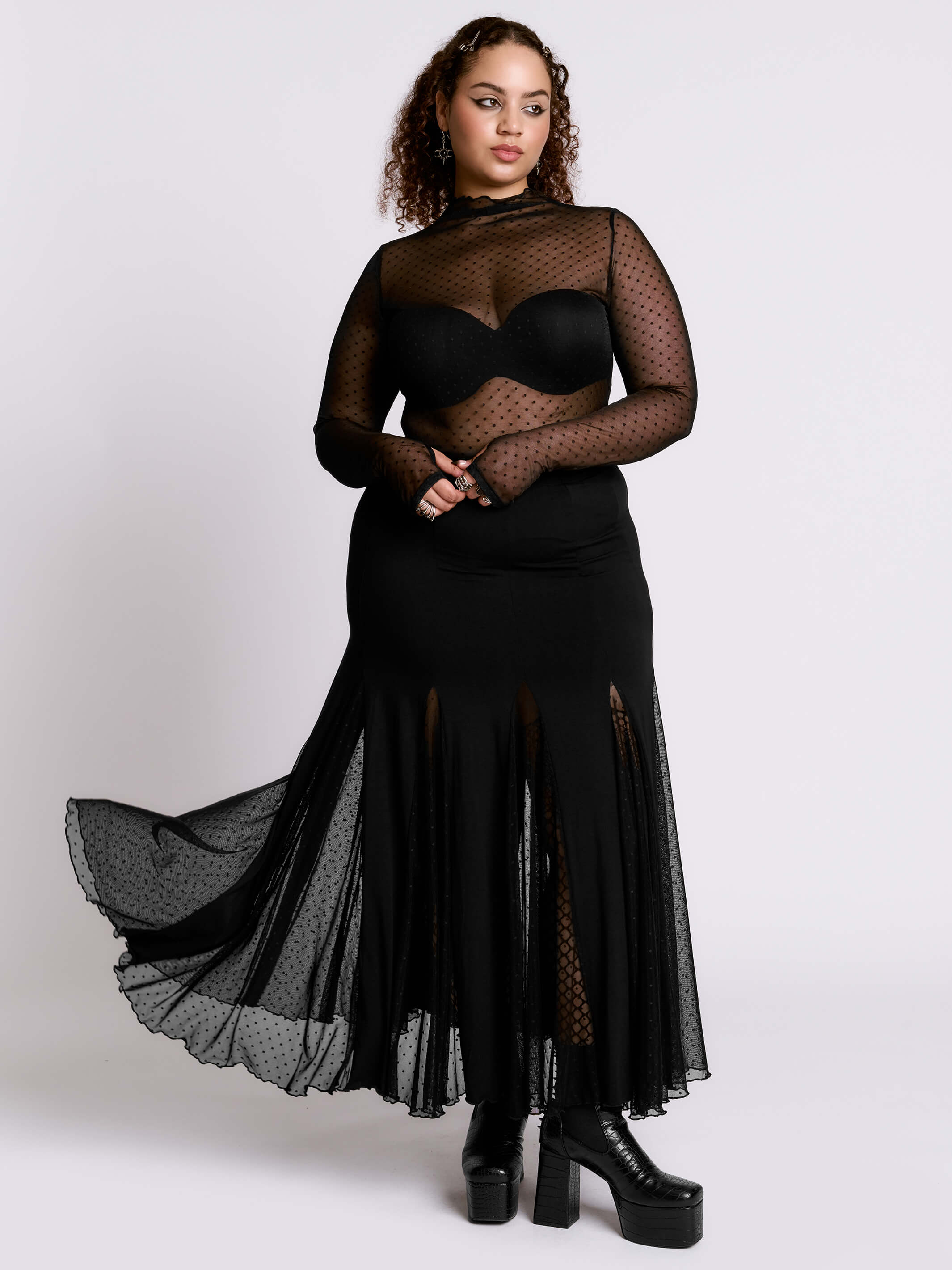 Swiss Dot Godet Skirt by Midnight Hour – High-Waisted Goth Maxi