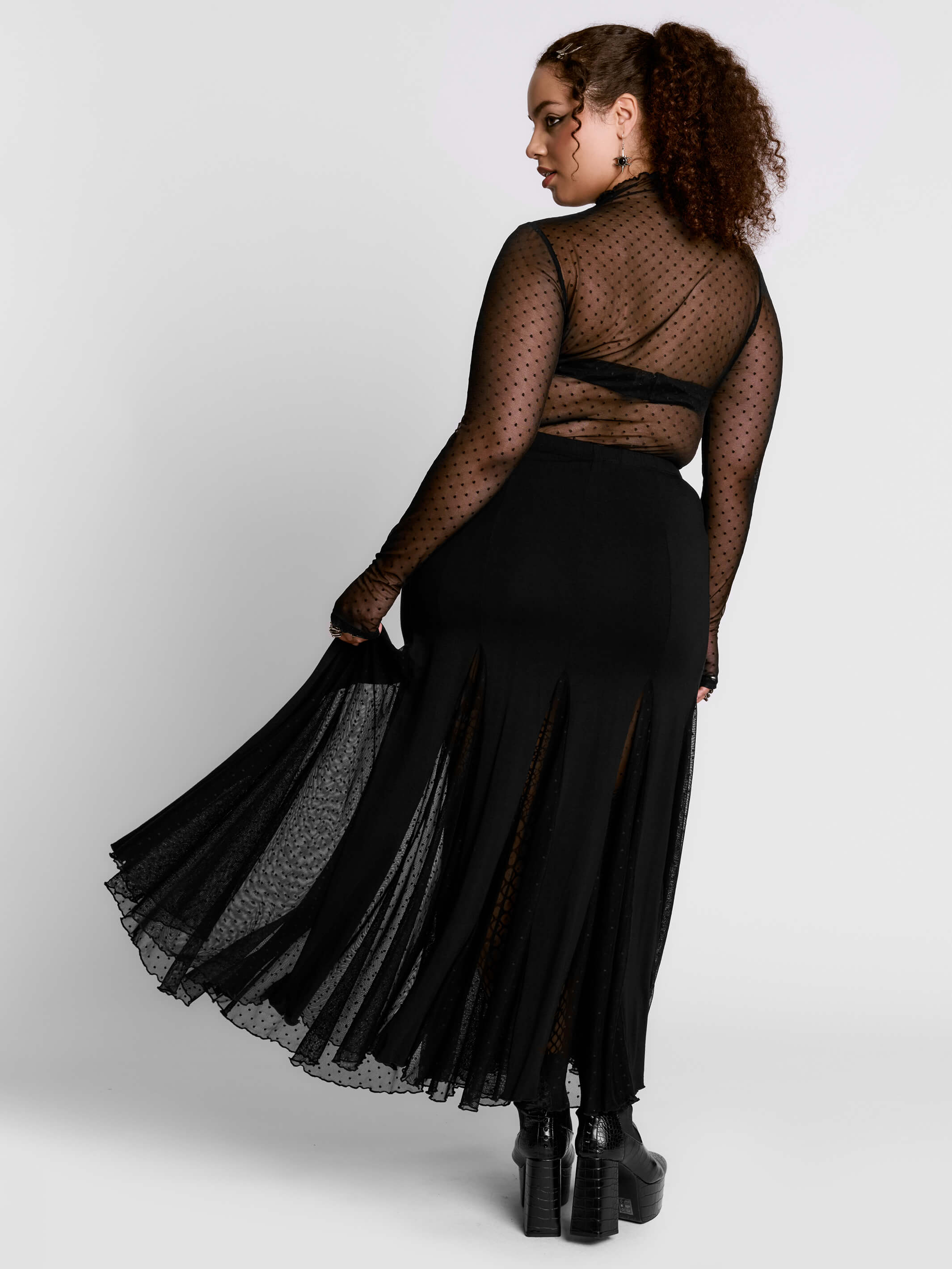 Swiss Dot Godet Skirt by Midnight Hour – High-Waisted Goth Maxi