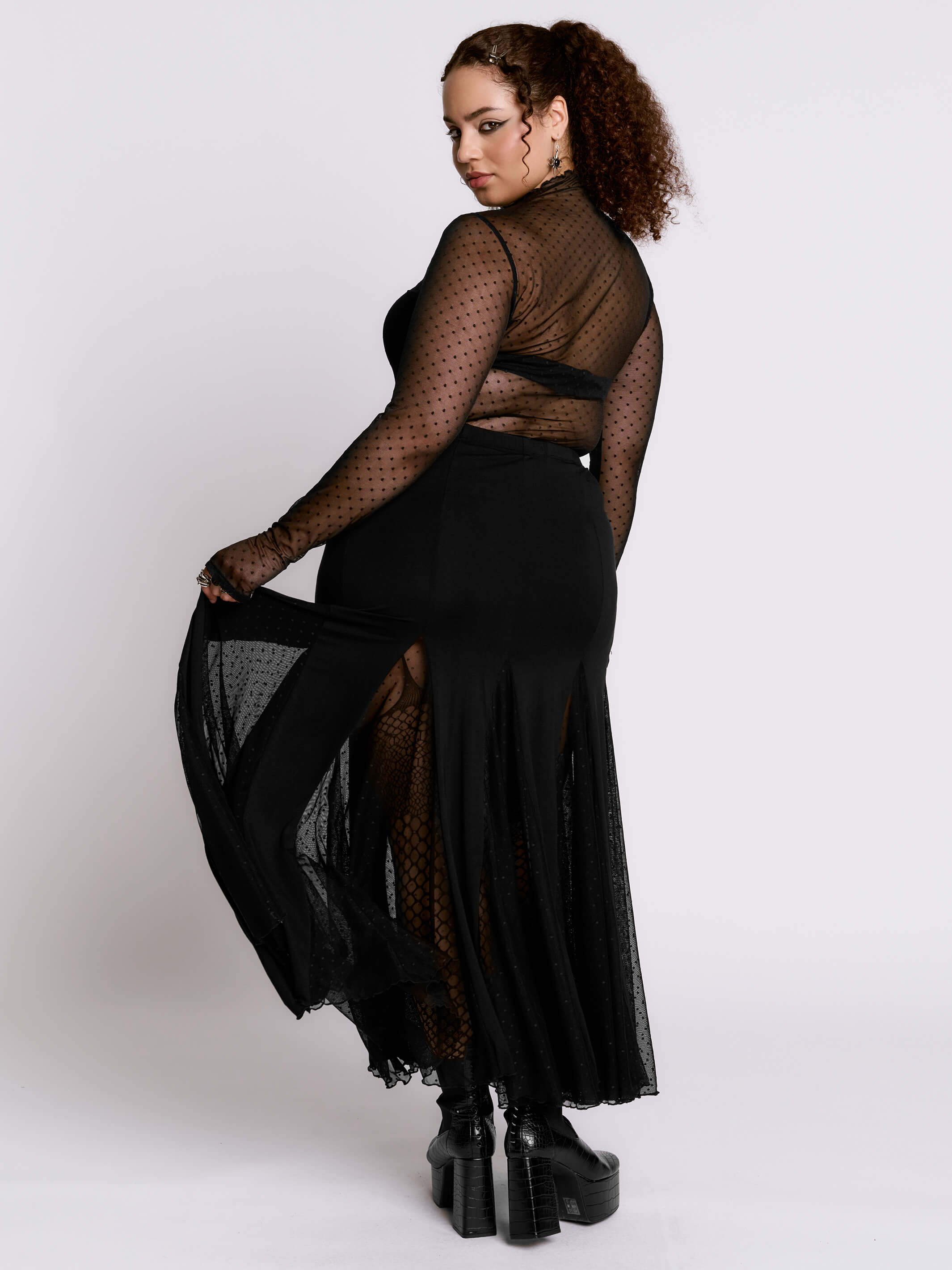Swiss Dot Mesh Top by Midnight Hour – Sheer Mock Neck Layering Top