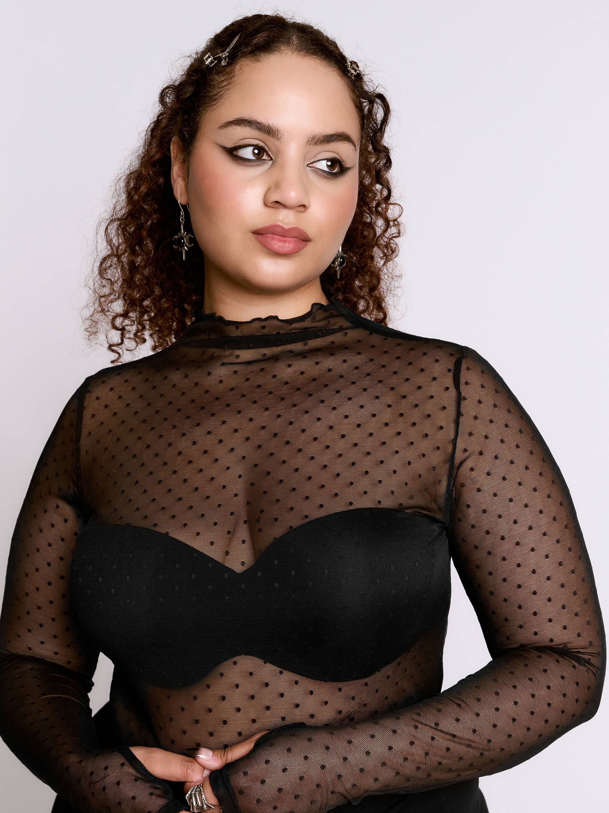 Swiss Dot Mesh Top by Midnight Hour – Sheer Mock Neck Layering Top