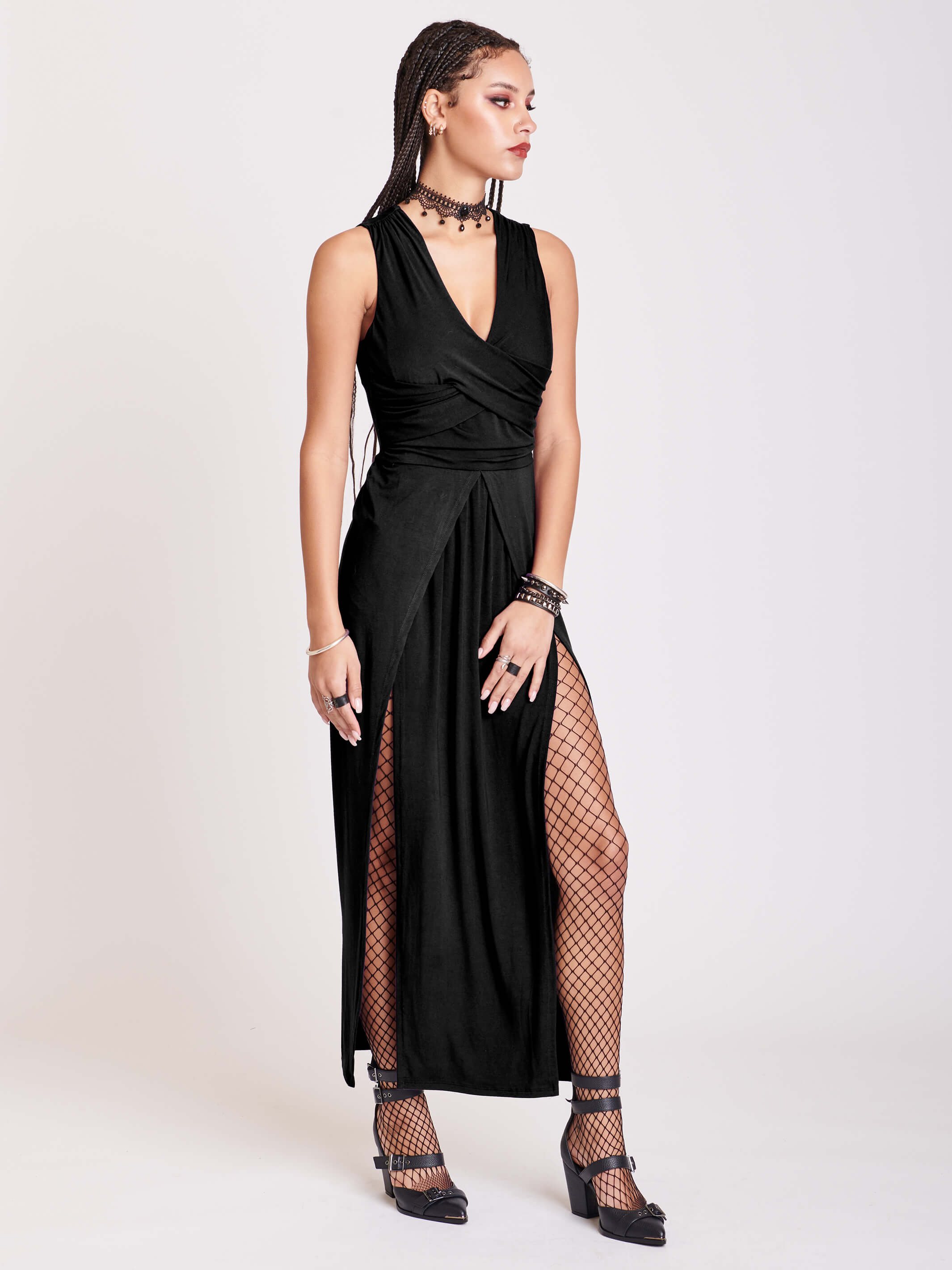 Black Twist Front Dress | Deep V-Neck, Twist-Wrap Waist Maxi