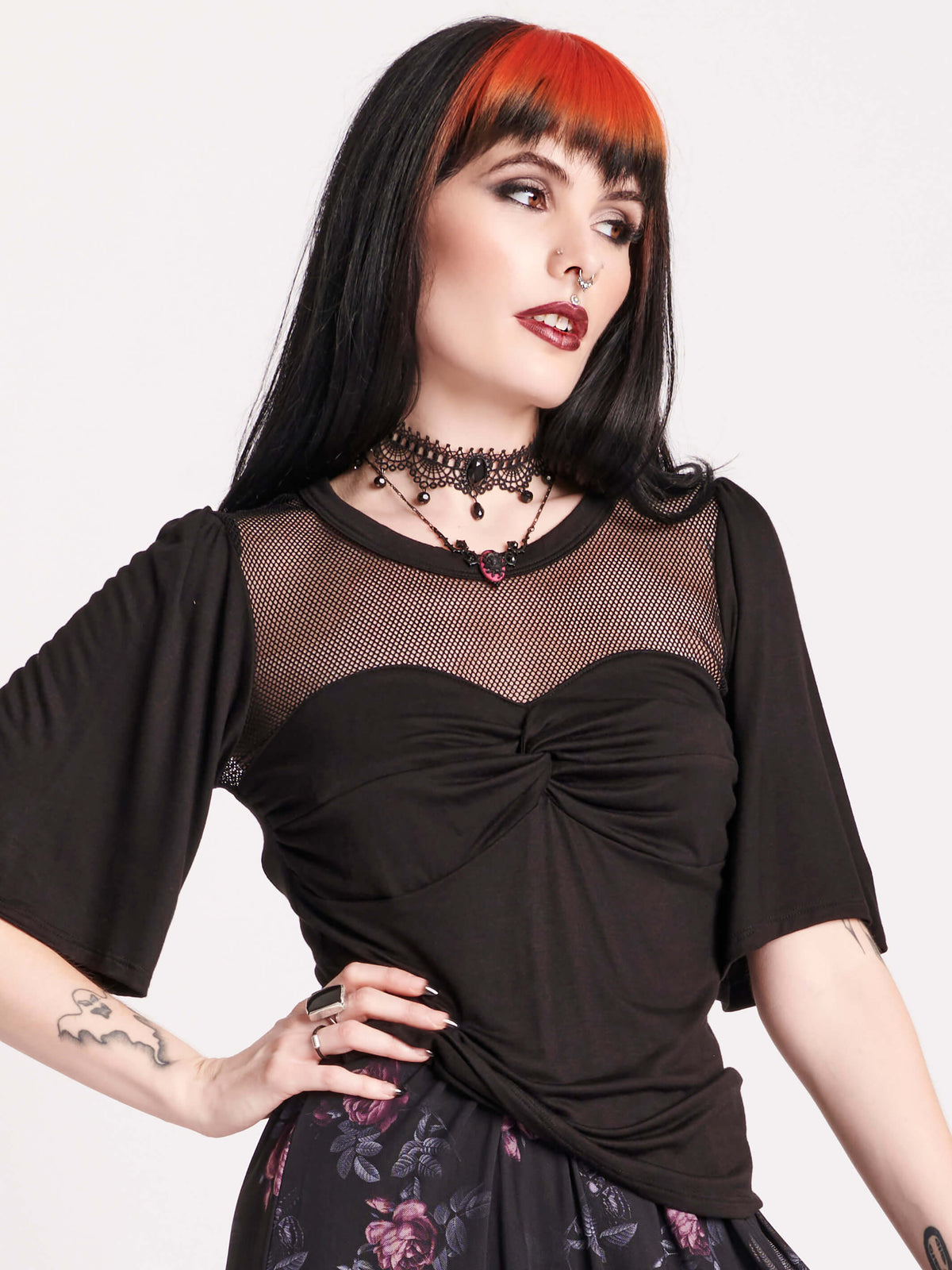 ELBOW LENGTH SLEEVES, MESH YOKE AND KNOTTED FRONT DETAIL