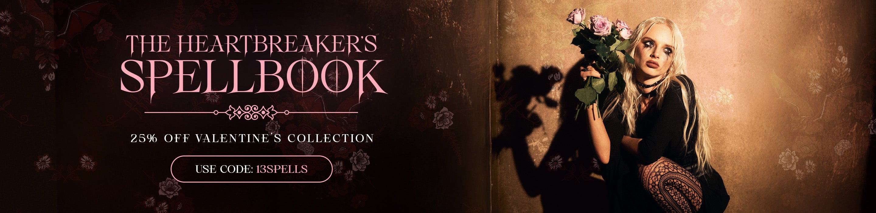 Promotional image for 'The Heartbreaker's Spellbook' with a person holding flowers against a dark background.