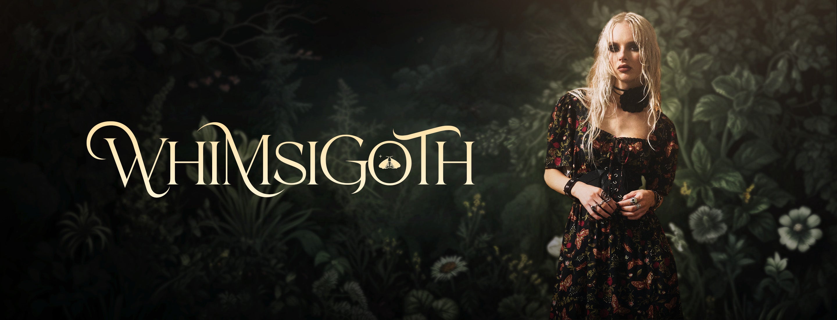 Woman in a dark, patterned dress standing in a mystical forest with 'Whimsigoth' branding.