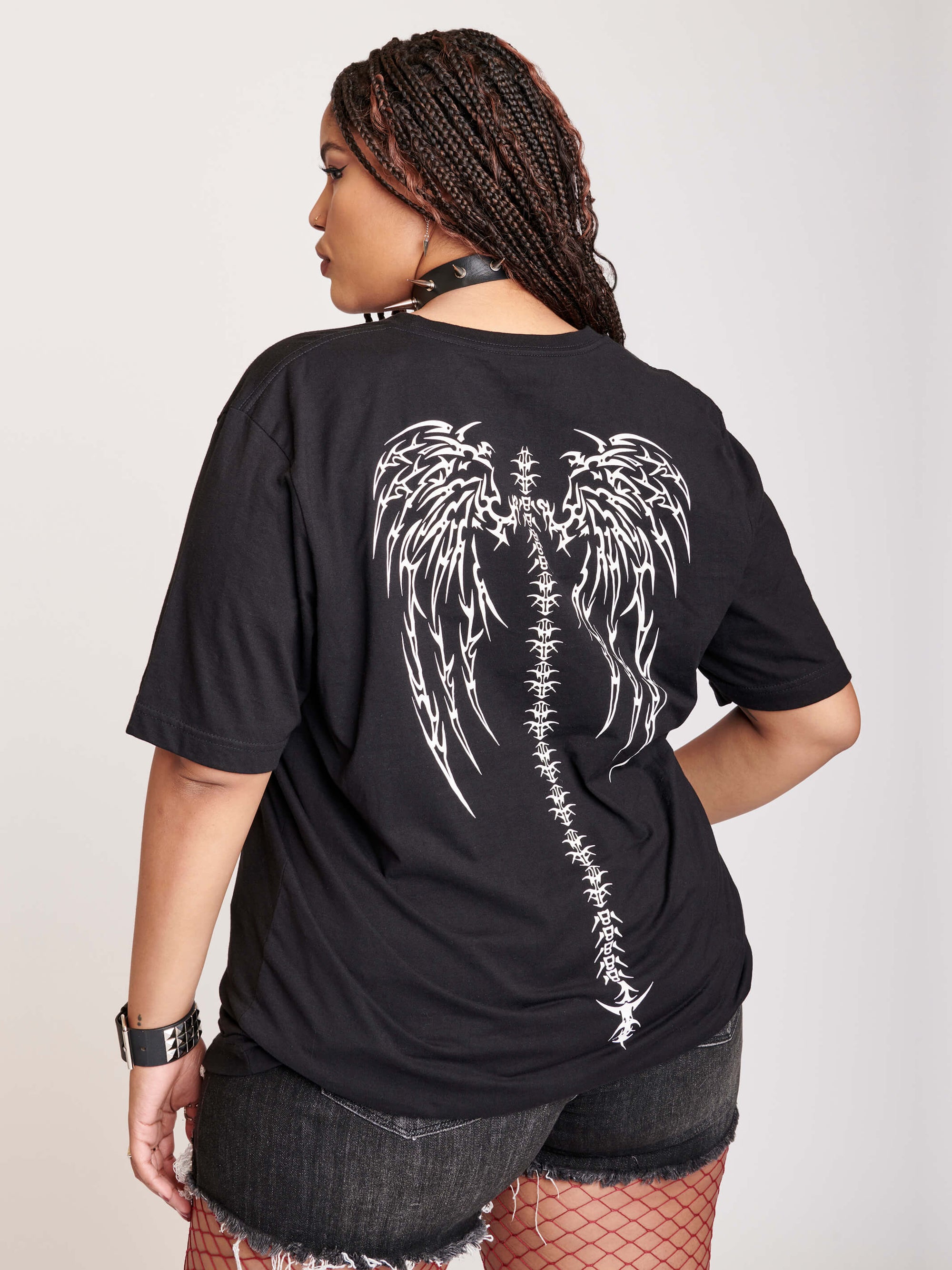 Black T-shirt with back angel wing and spine detail