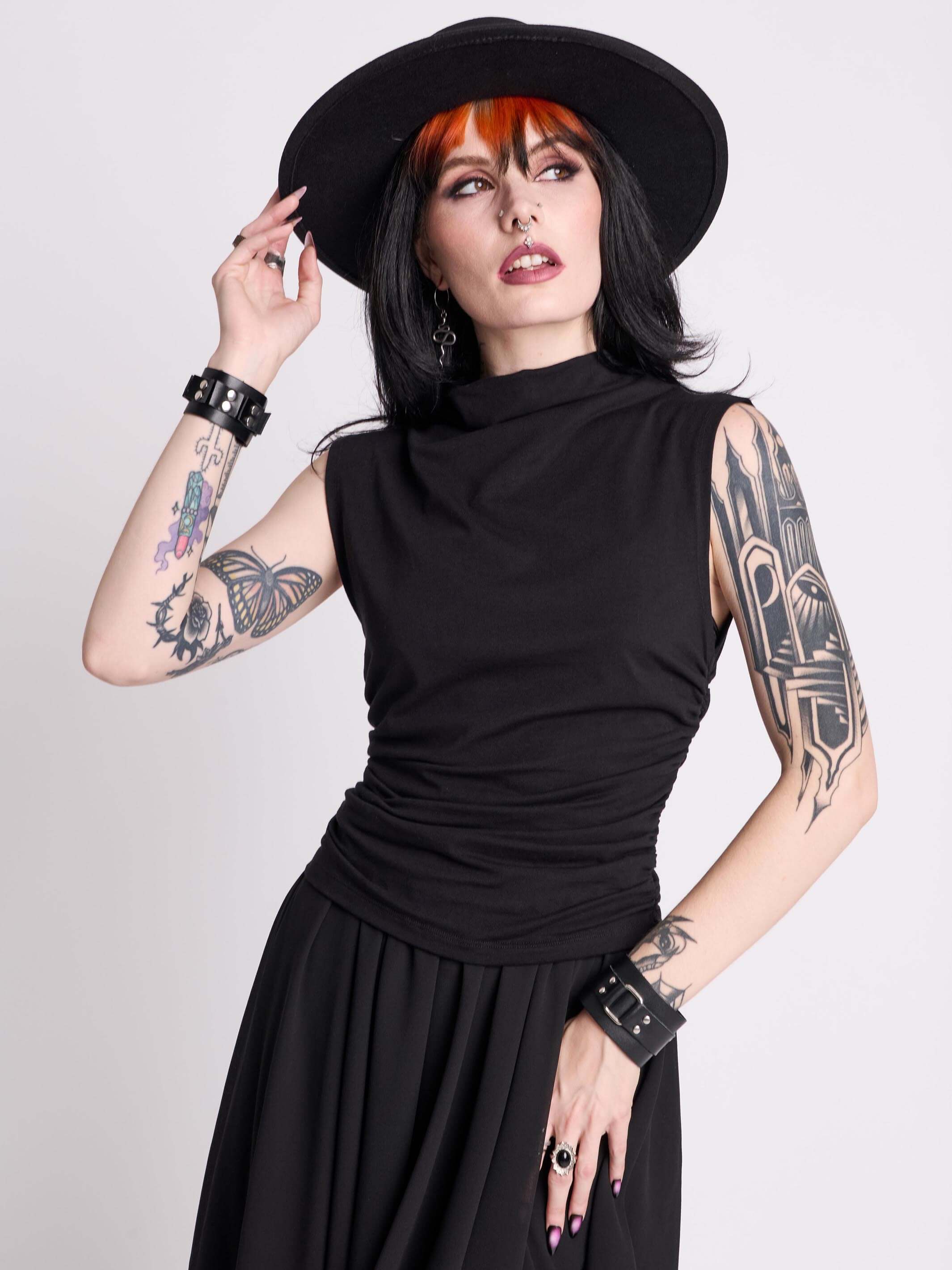 トップス [MSCHF]LACE STRAP SLEEVELESS Black S SOLY HUX Women's Ruched Lace Cami Top Drawstring Sleeveless