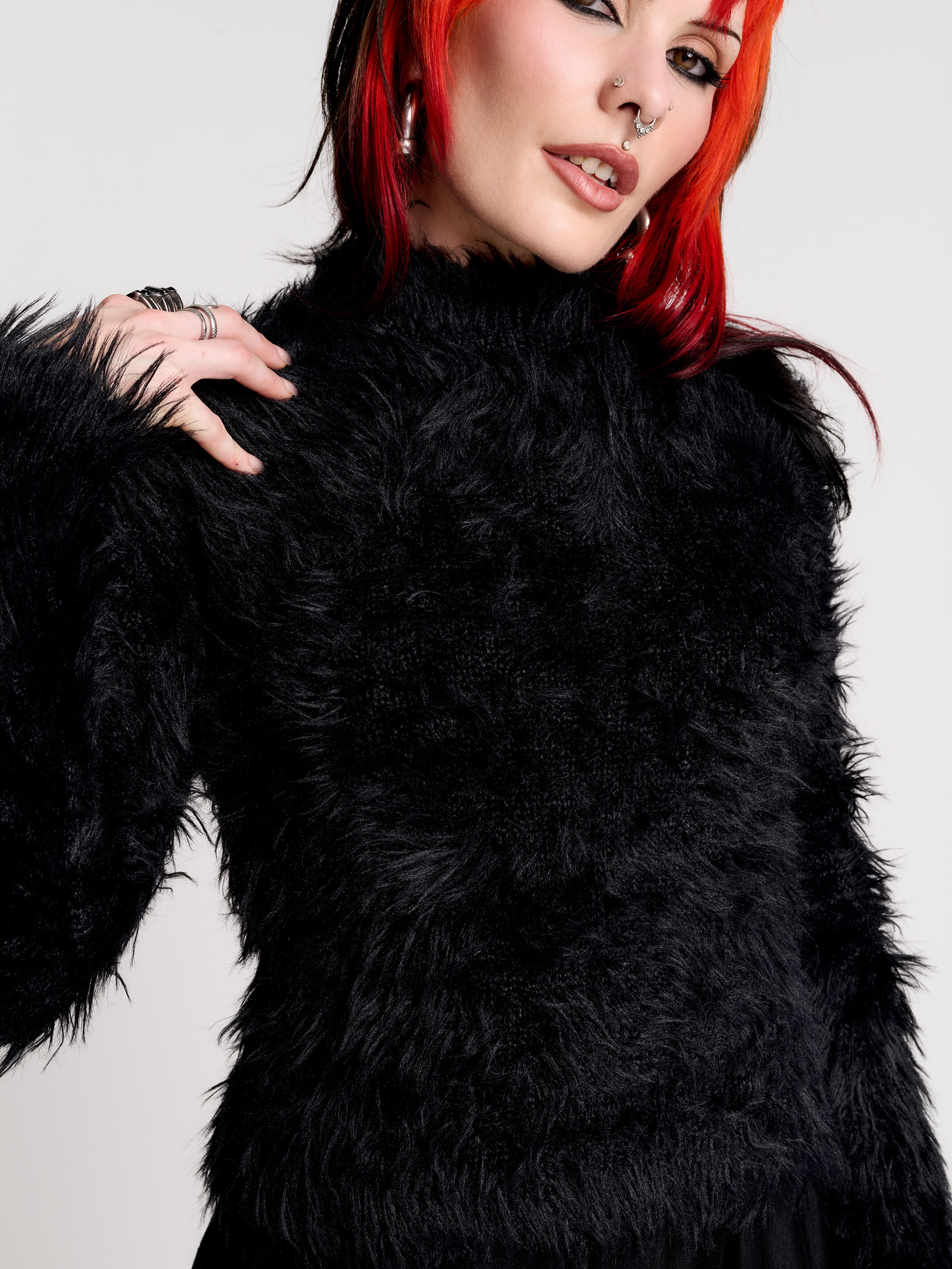 Monster Fur Sweater by Midnight Hour – Black Shaggy Faux Fur Knit