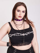 BLACK BRALETTE WITH LACE STRAPS AND BARBED WIRE GRAPHIC ACROSS FRONT
